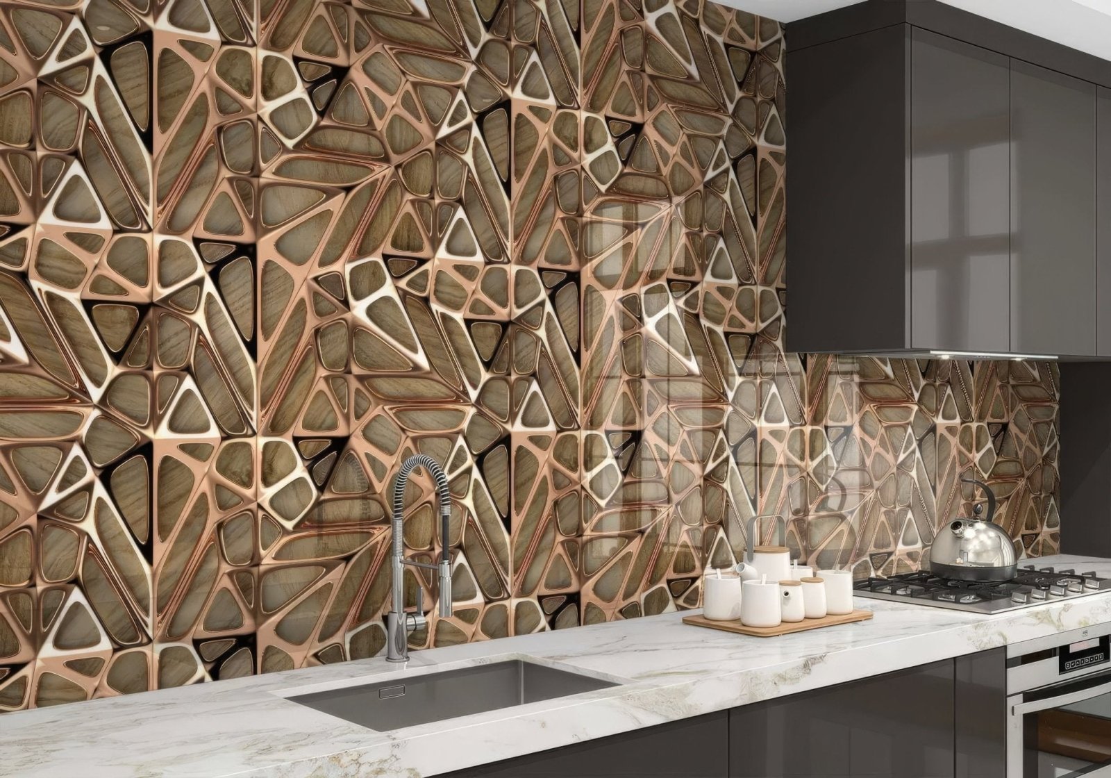 Gold Copper Lattice Grid on Wood Shower Panel