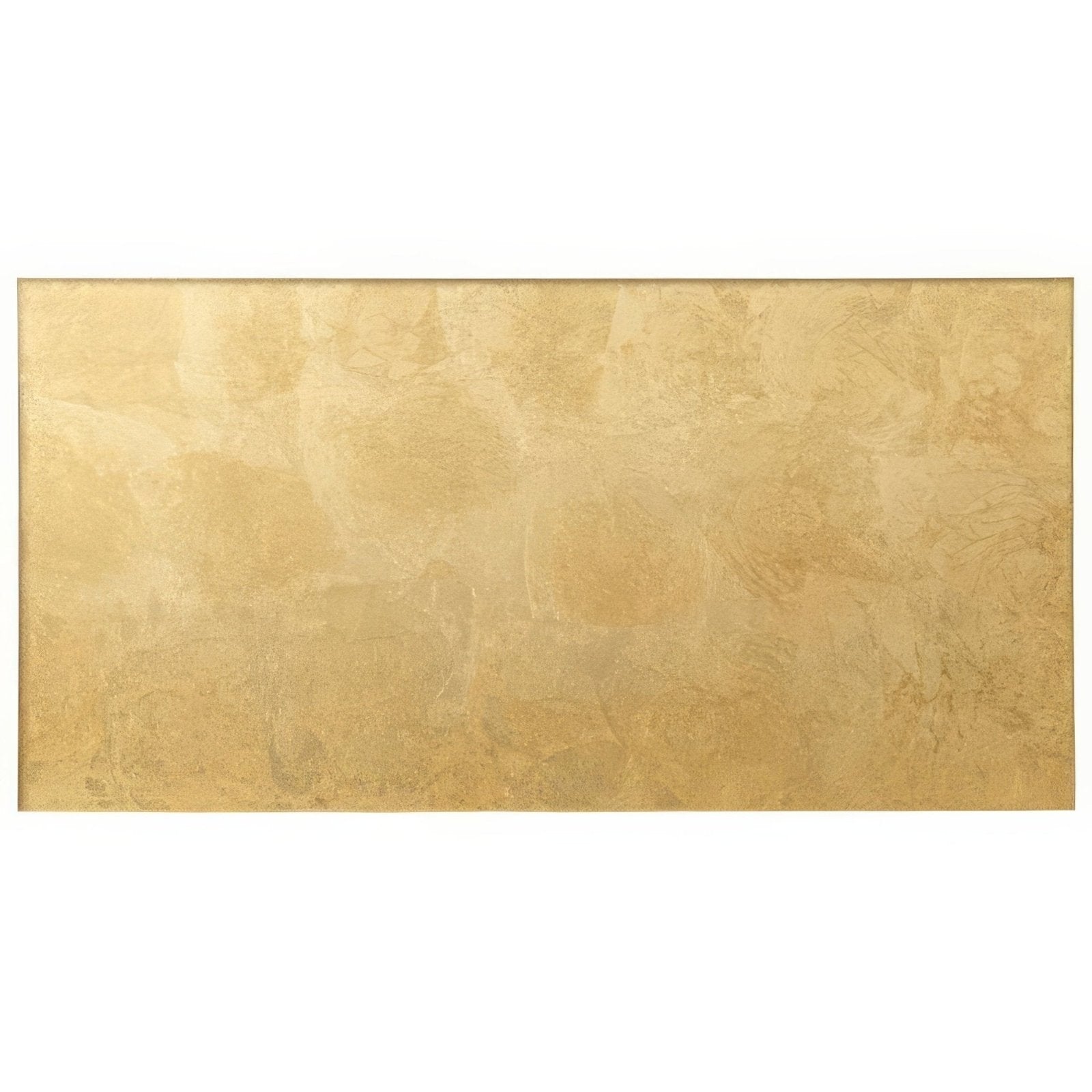 A rectangular gold toned metallic tile with a textured mottled surface from gold leaf decorative glass