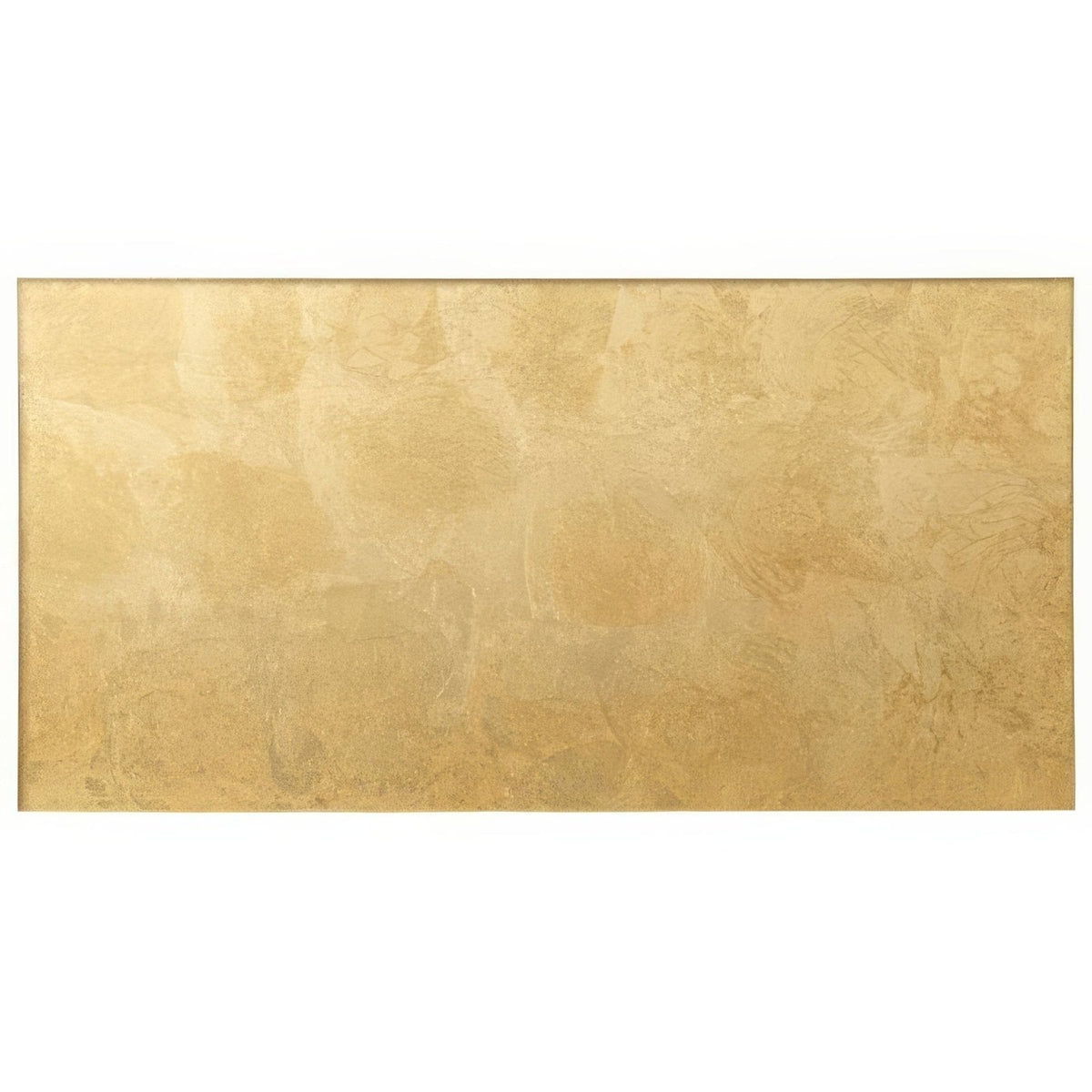 A rectangular gold toned metallic tile with a textured mottled surface from gold leaf decorative glass