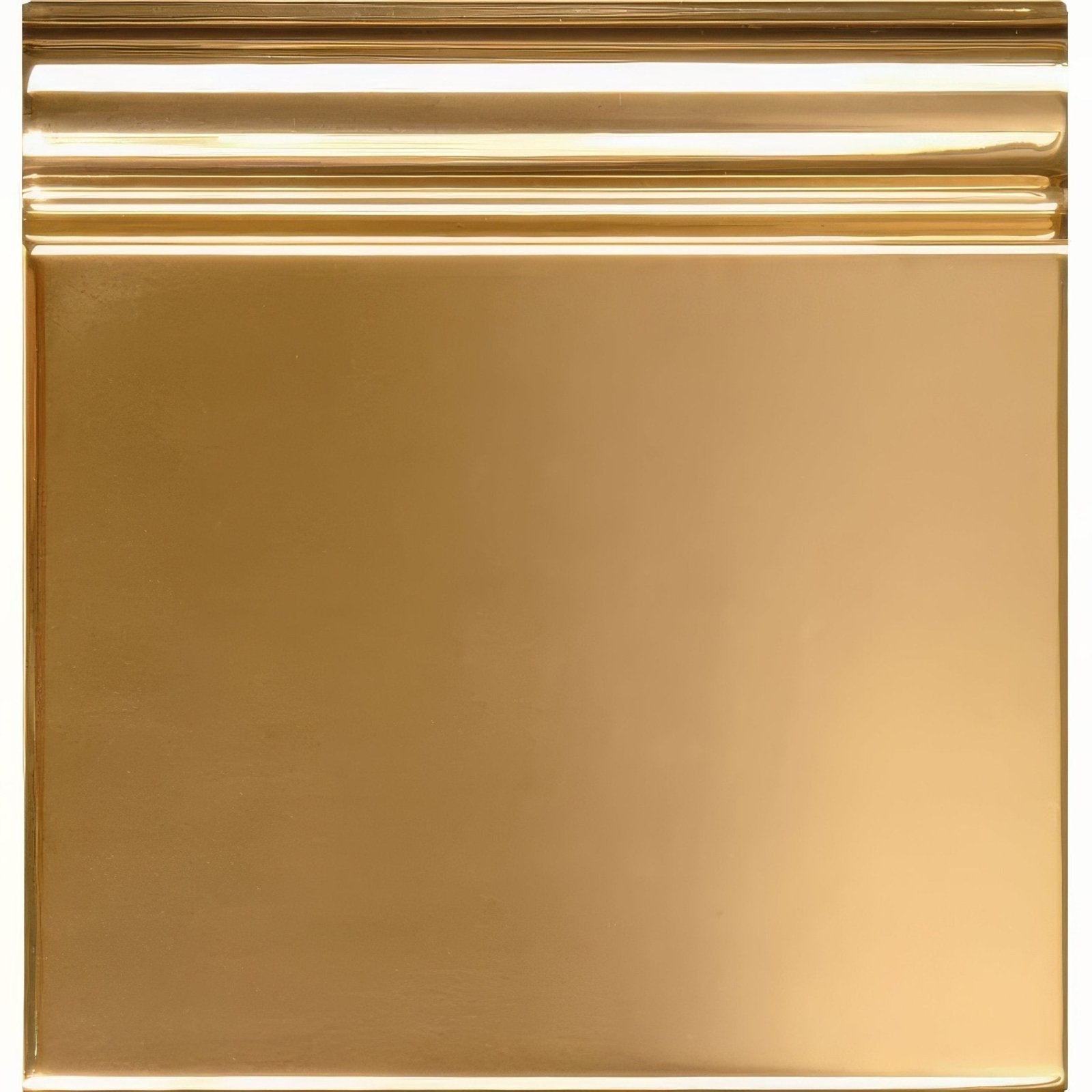 Gold metallic skirting tile featuring polished gold-colored metal crown molding with a sleek reflective finish