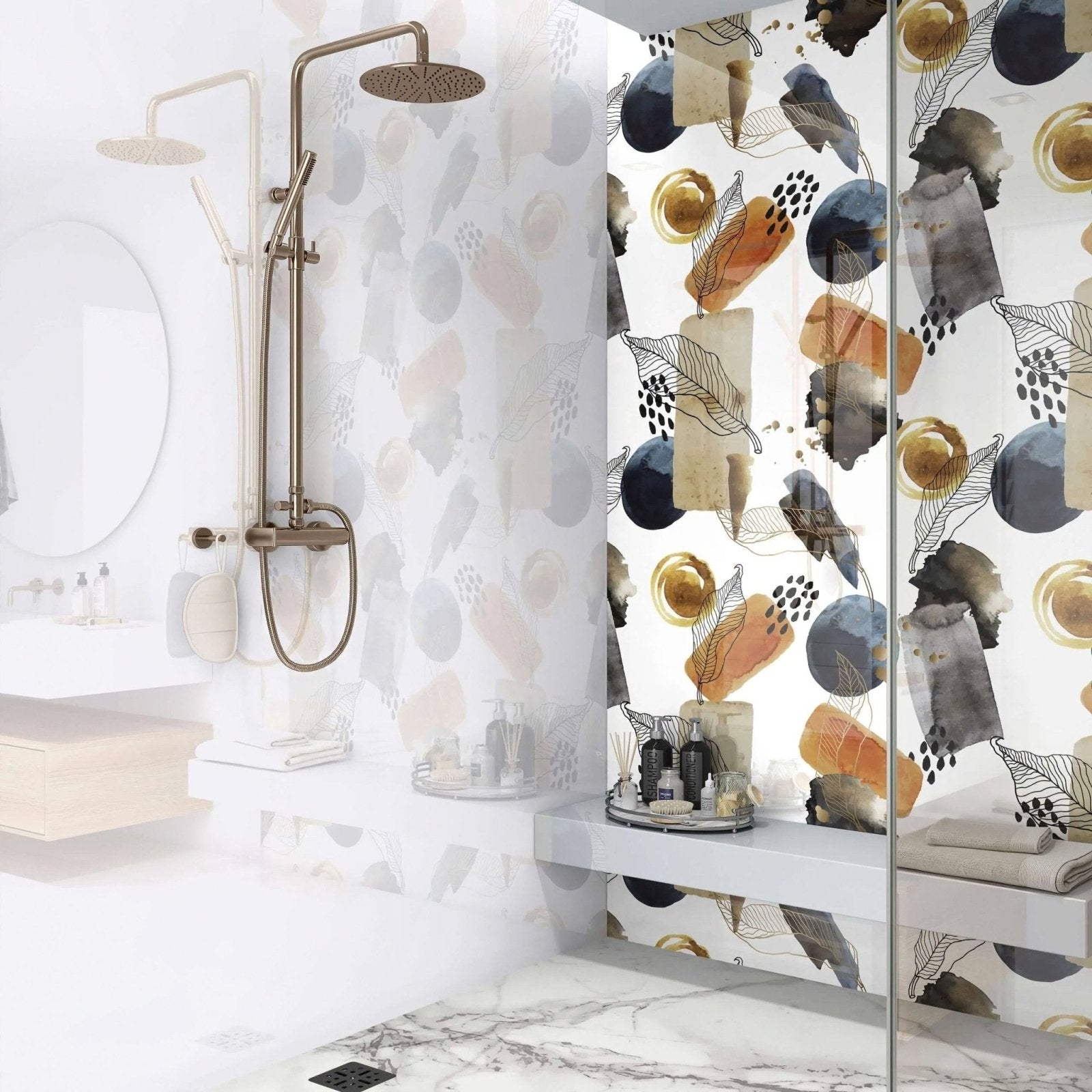 Gold navy watercolour shower panel with sleek brushed brass rain showerhead featuring elegant curved circular design