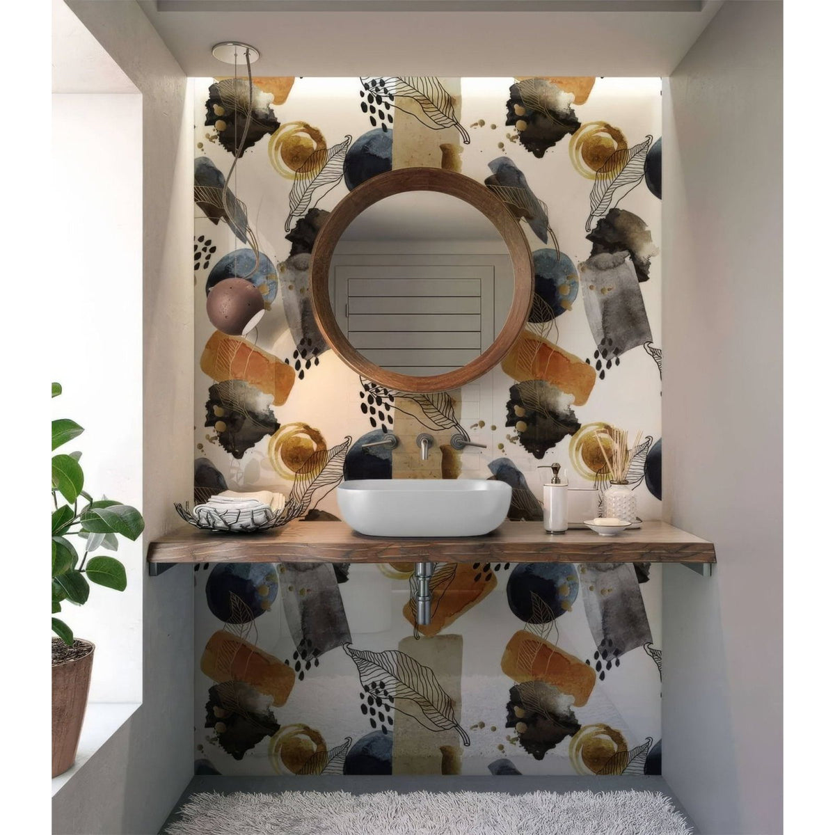 White ceramic vessel sink with modern design on rustic wood countertop featured in gold navy watercolour shower panel product