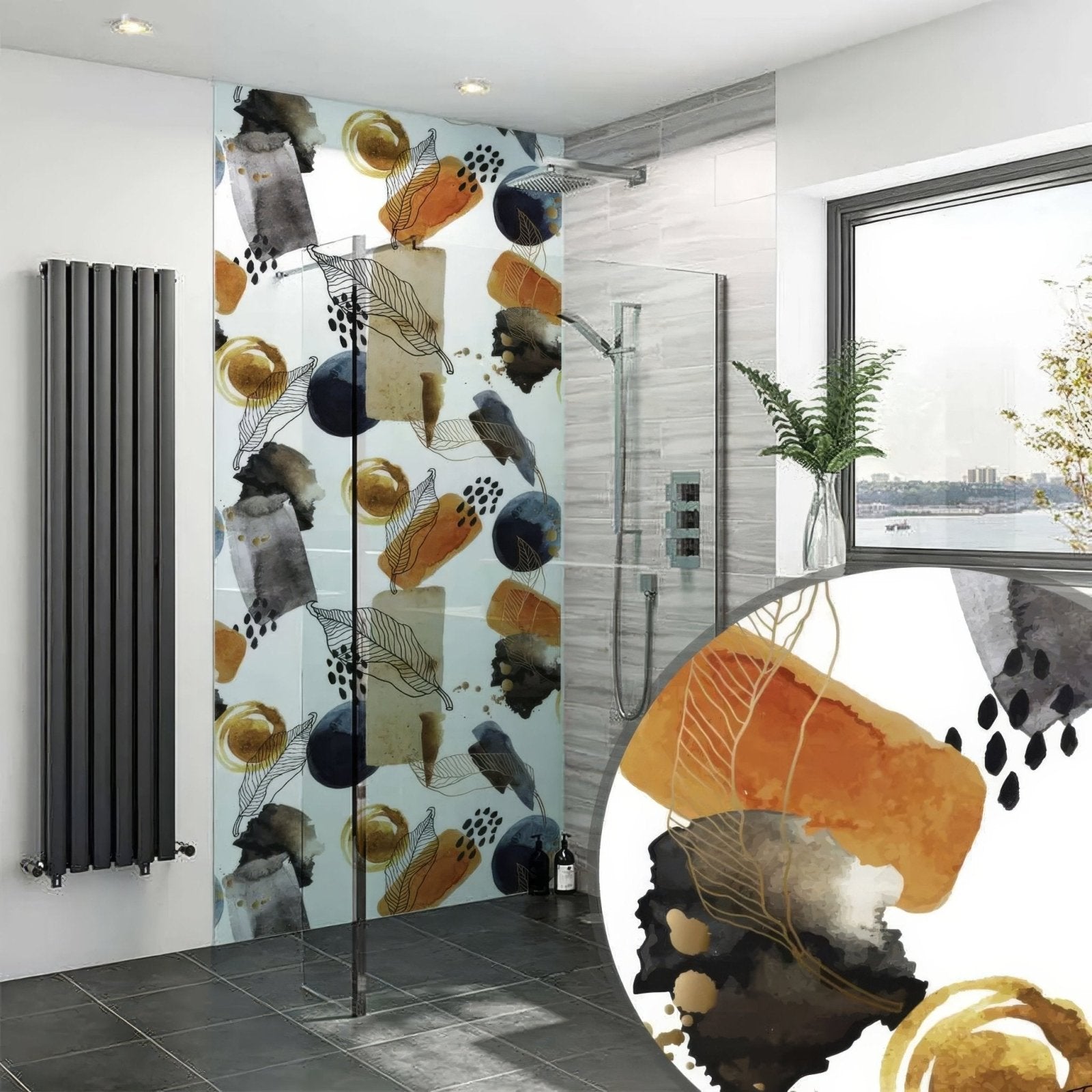 Gold navy watercolour shower panel with abstract glass featuring bold orange black and gold watercolor splotches