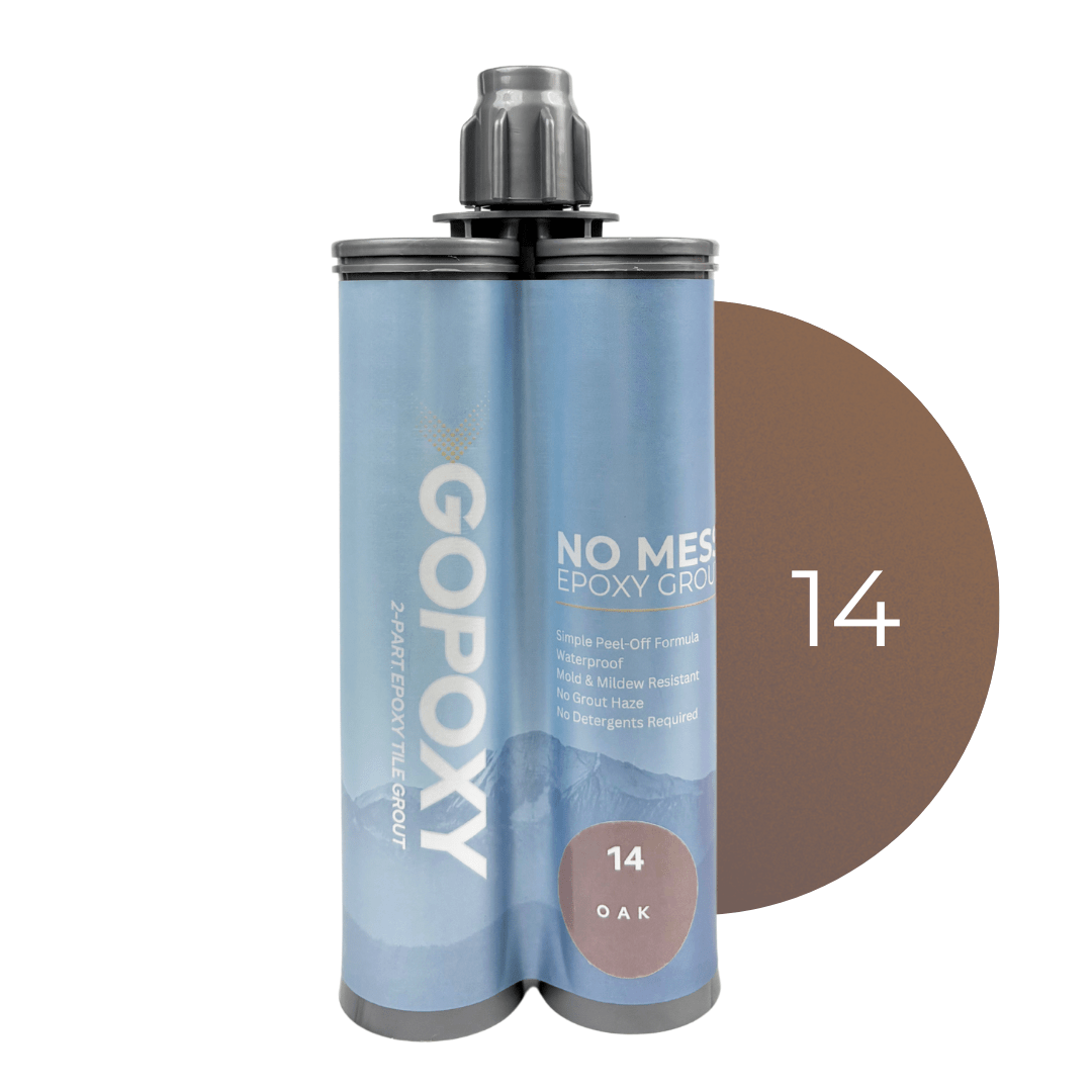 Blue and gray two-part epoxy grout tubes with black nozzle labeled gopoxy for durable tile installation