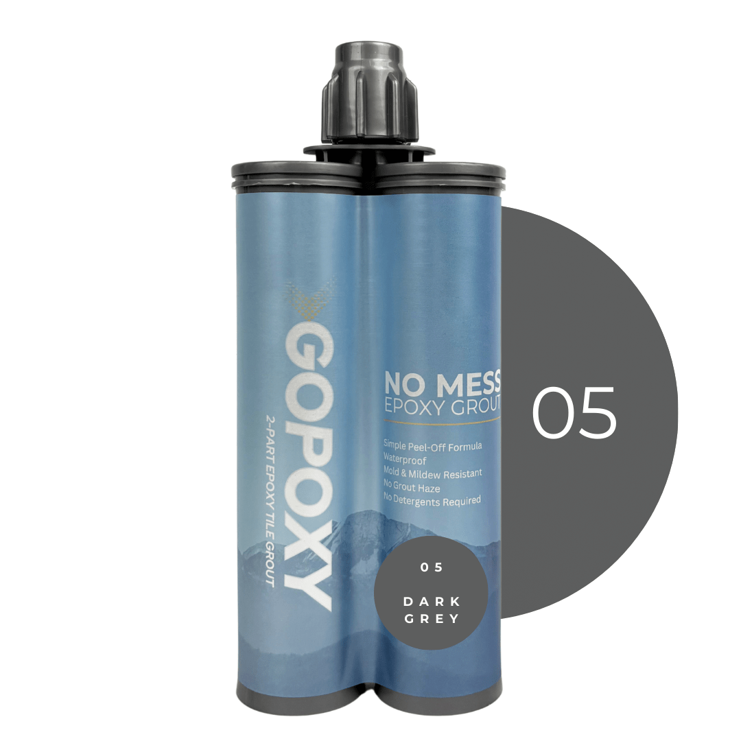GoPoxy epoxy grout in dark grey two-part epoxy tile grout in sleek dual-tube container with metallic nozzle