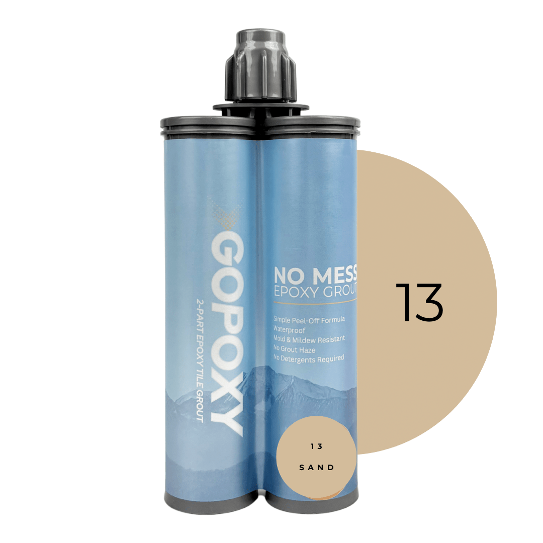 Light blue twin-tube gopoxy 2-part epoxy grout in color 13 sand with black nozzle for tile applications