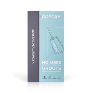 Light blue and gray packaging for gopoxy no mess liquid grouts shown in a grout color chart for easy selection