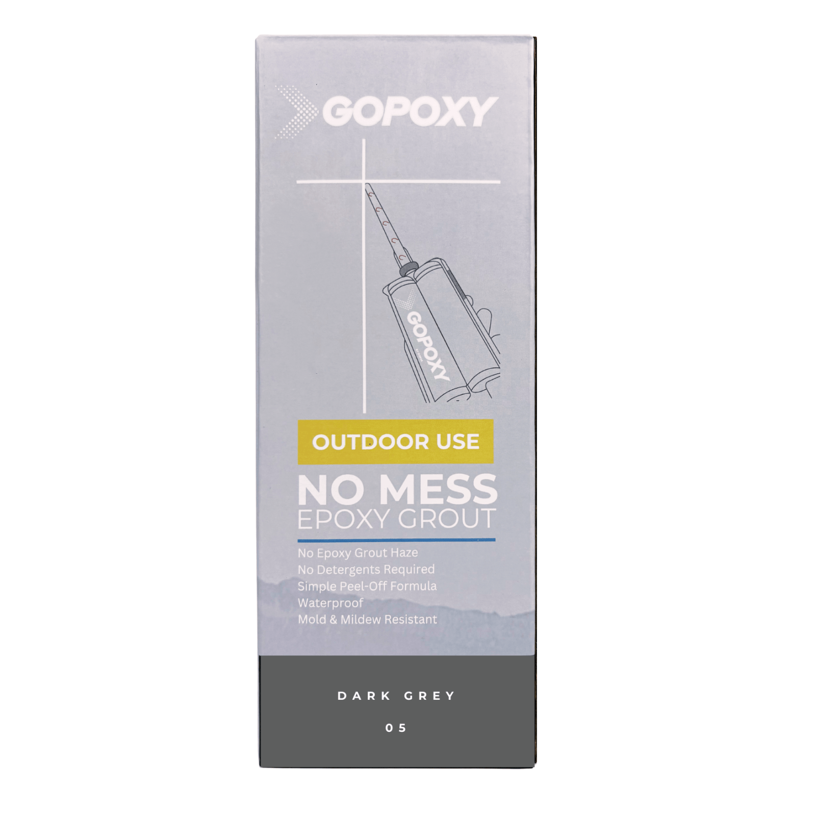 Dark grey gopoxy no mess epoxy grout in sleek rectangular package for outdoor use