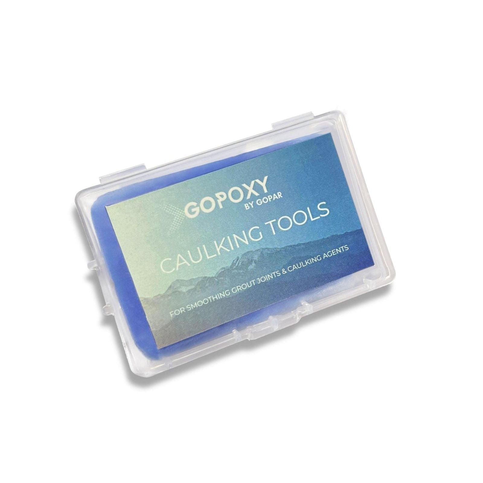 Clear plastic case containing blue caulk smoothing tools by gopoxy in the GoPoxy tool kit for precise sealing tasks