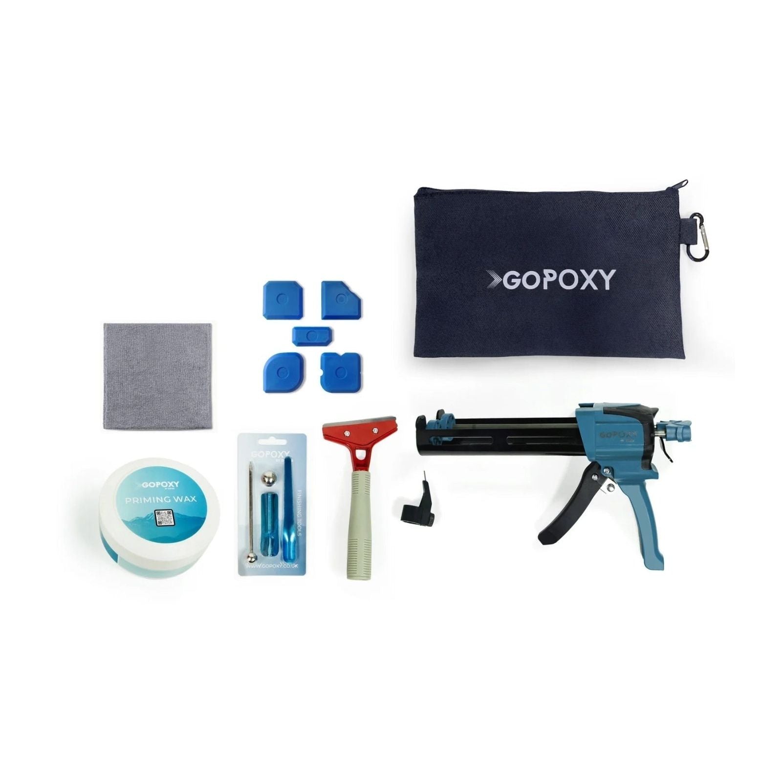 Blue and black GoPoxy adhesive gun with textured grip handle from the GoPoxy tool kit for precise bonding tasks