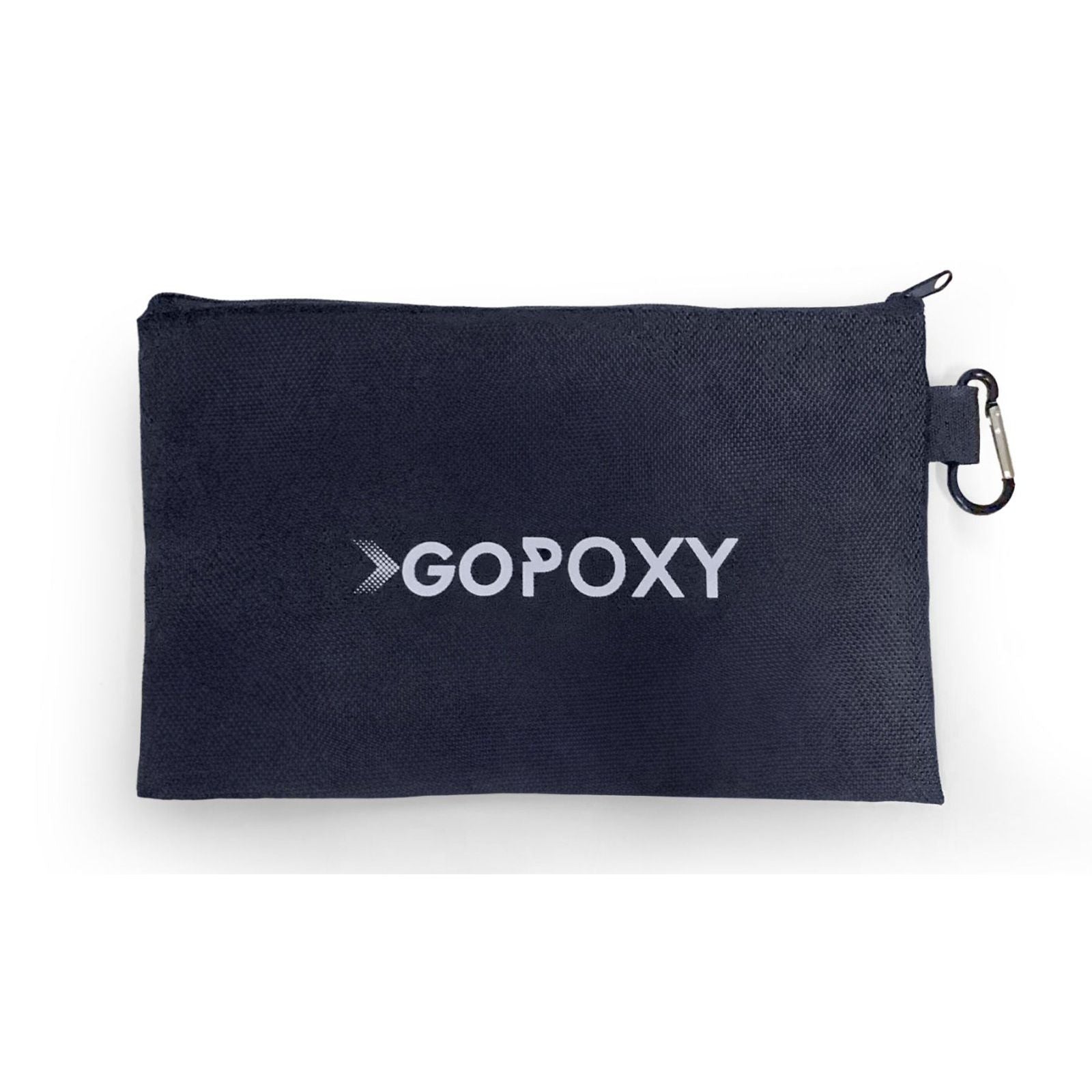 Dark navy fabric gopoxy tool kit pouch with white logo and black carabiner clip for easy carrying
