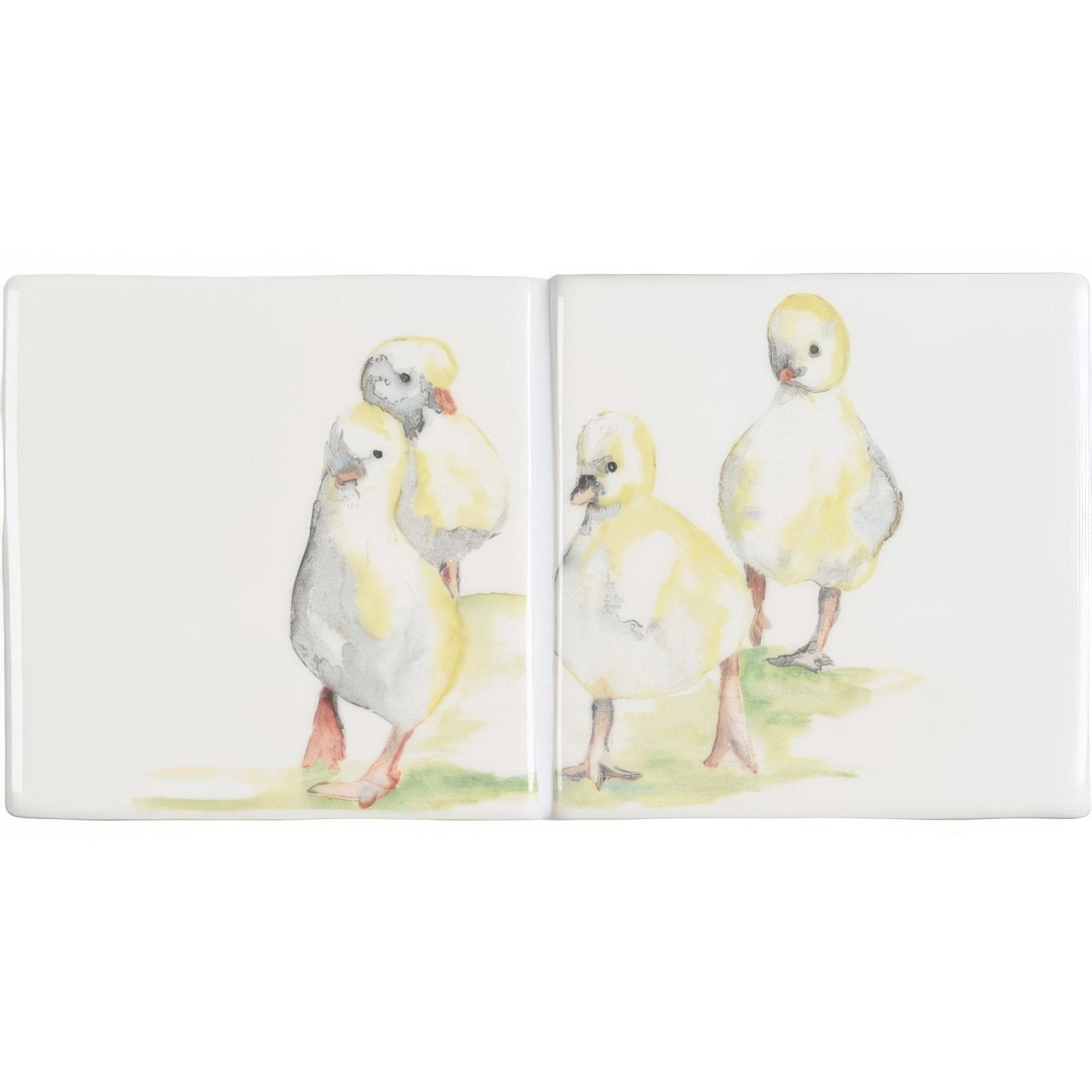White ceramic tile set with watercolor illustration of four yellow and gray goslings goslings 2 tile set