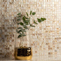 Grace Shell Mosaic iridescent mother-of-pearl mosaic with a glass vase of eucalyptus on a gold base