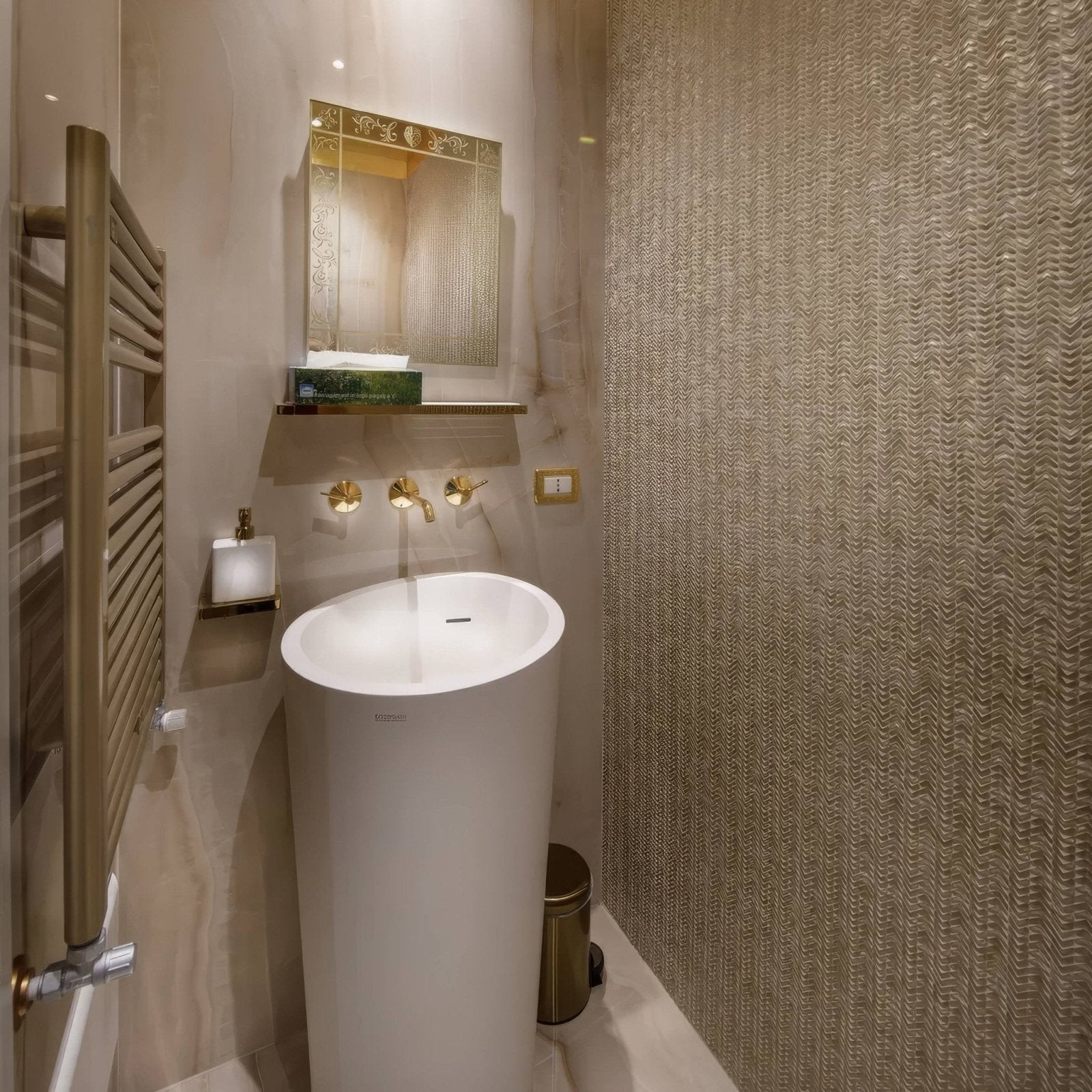 Gravity Aluminium Arrow Gold Mosaic gold chevron aluminium mosaic with a white cylindrical pedestal sink
