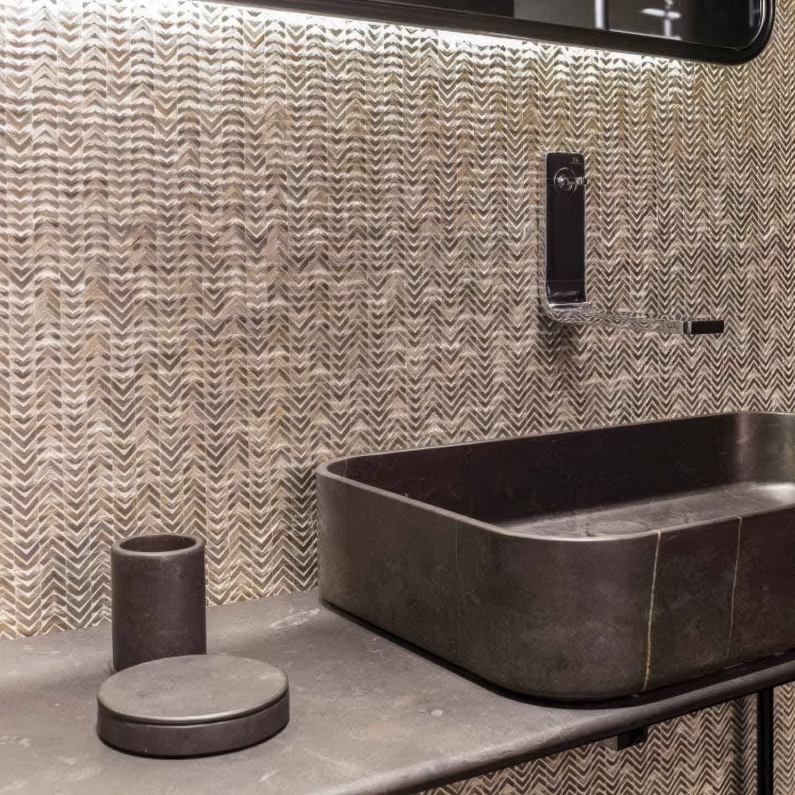 Gravity Aluminium Arrow Gold Mosaic gold chevron aluminium mosaic with a dark grey stone sink