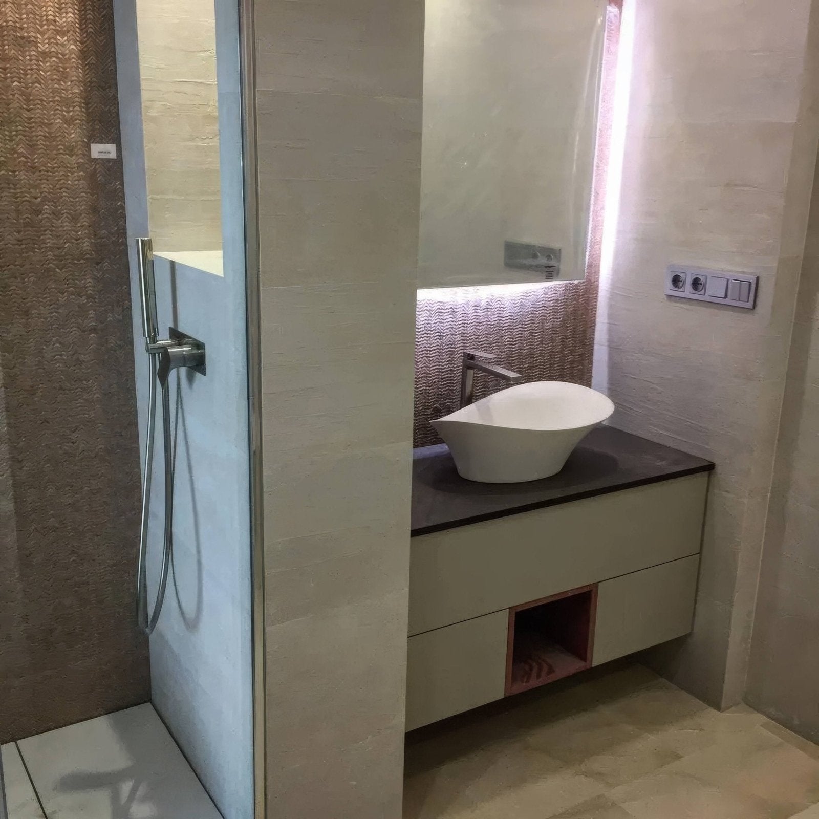 Gravity Aluminium Arrow Gold Mosaic gold chevron aluminium mosaic with a white vessel sink on a dark countertop