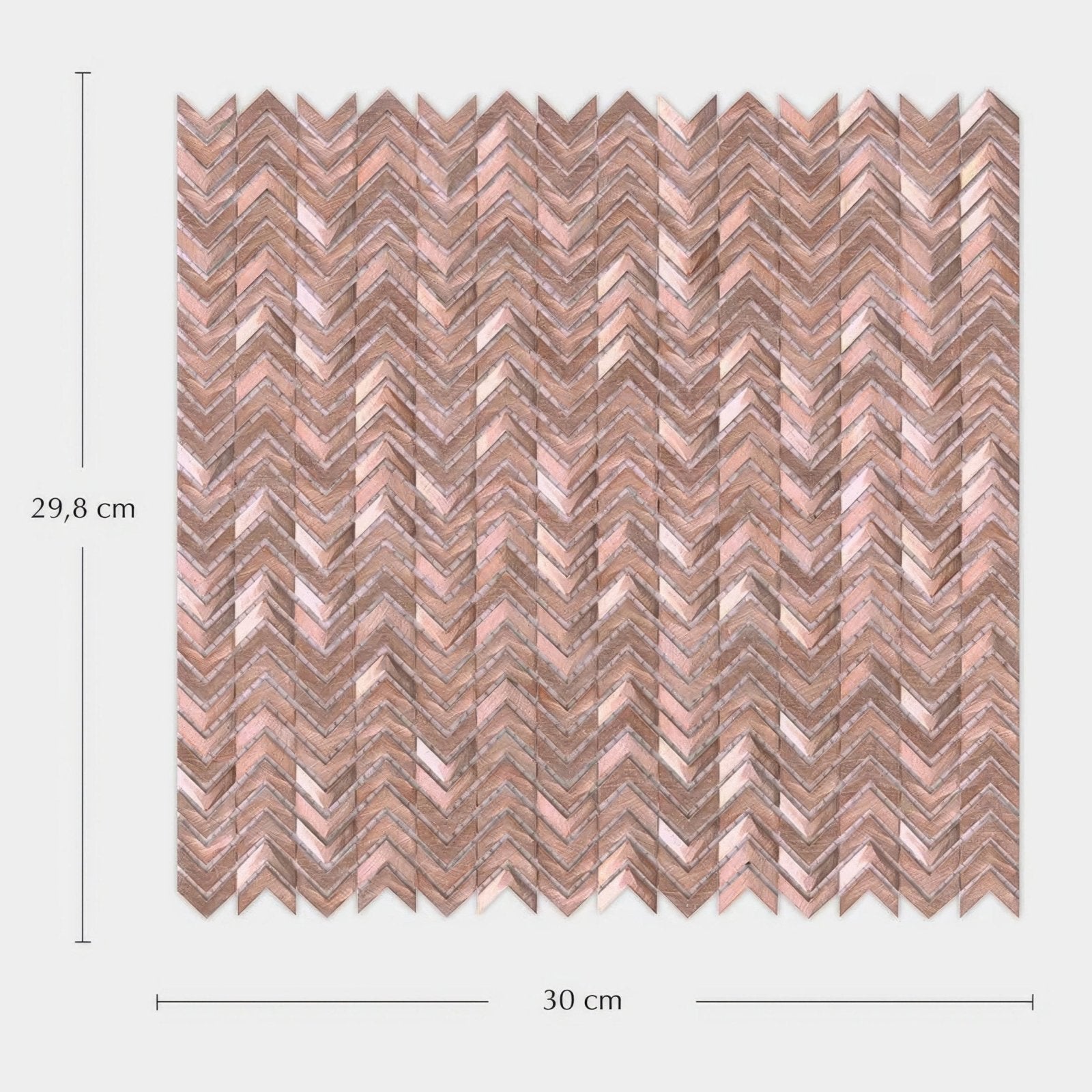 A rose gold chevron patterned gravity aluminium arrow mosaic tile panel with a metallic reflective finish