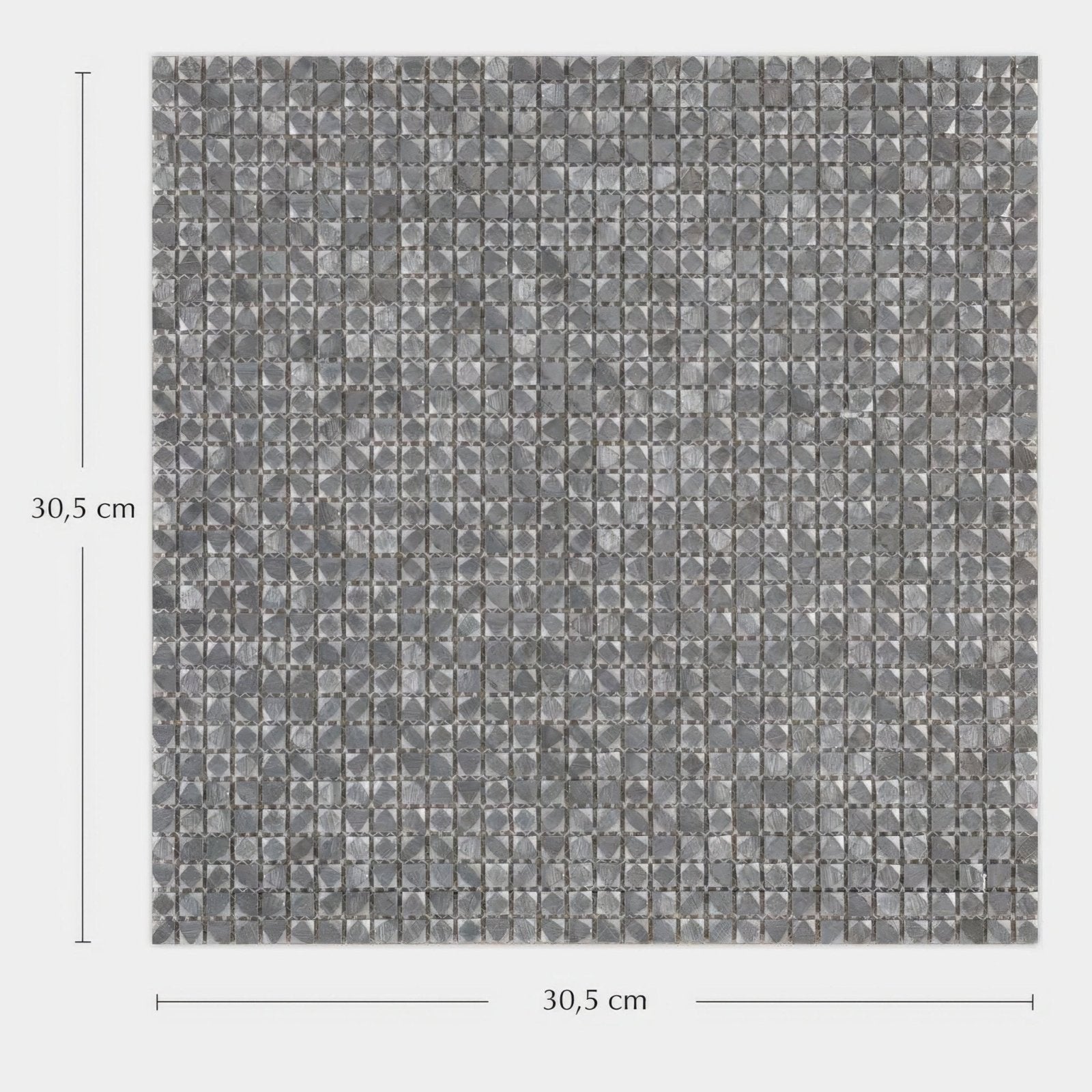 Gravity aluminium cubic metal mosaic 30.5 cm square tile with faceted gray glass pieces in a grid pattern