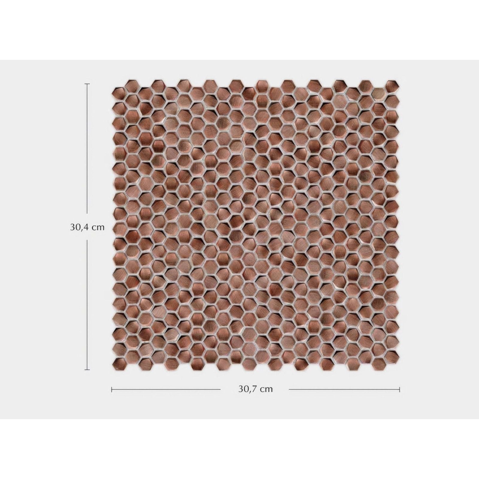 A gravity aluminium hexagon copper mosaic tile panel with small copper-toned hexagonal glass pieces in a grid pattern