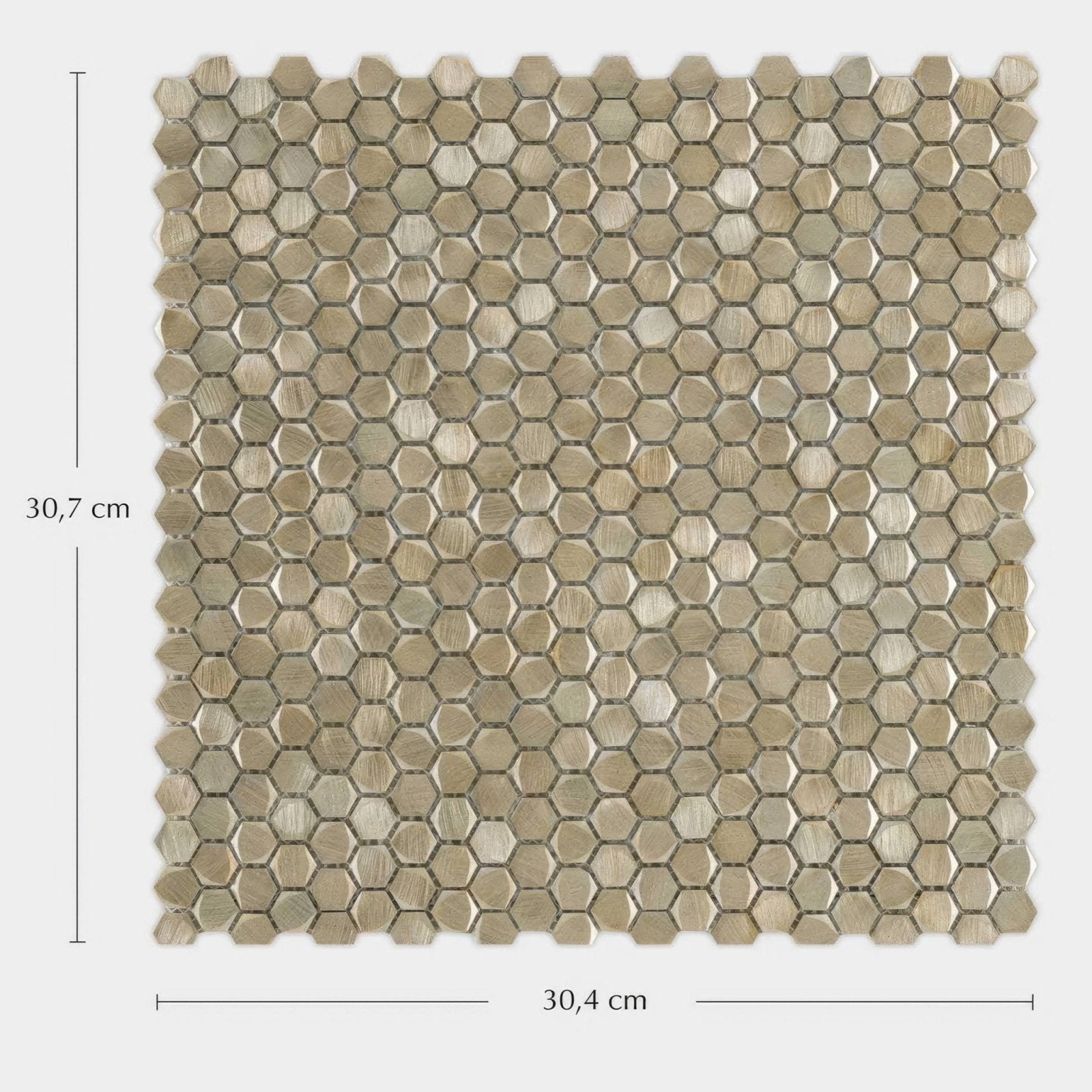 A square gravity aluminium hexagon gold mosaic tile panel with small brushed gold metallic hexagonal tiles and tone variations