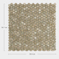 A square gravity aluminium hexagon gold mosaic tile panel with small brushed gold metallic hexagonal tiles and tone variations