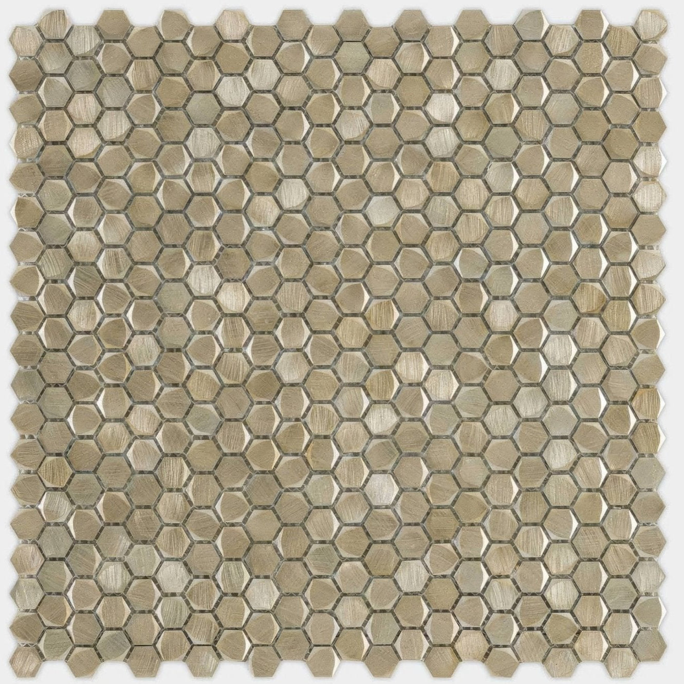 Gravity aluminium hexagon gold mosaic features hexagonal brushed metallic aluminium tiles in warm muted gold tone