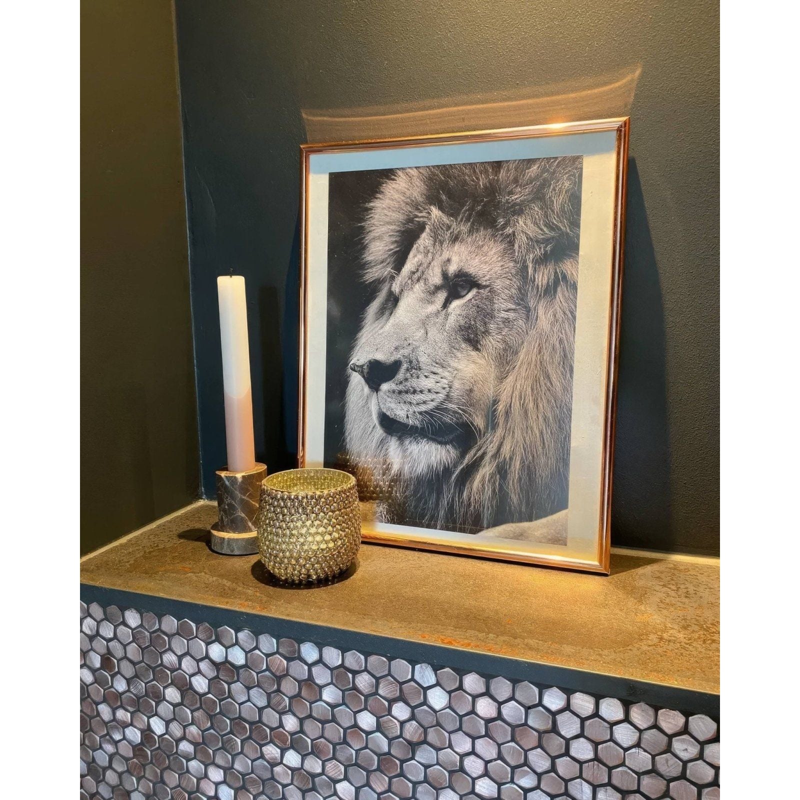 Gravity Aluminium Hexagon Metal Mosaic silver hexagon aluminium mosaic with a framed lion portrait in a rose gold frame