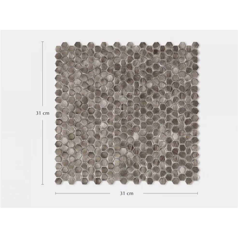 Gravity aluminium hexagon metal mosaic tile with metallic silver hexagonal pieces and subtle wood grain texture, 31 cm square