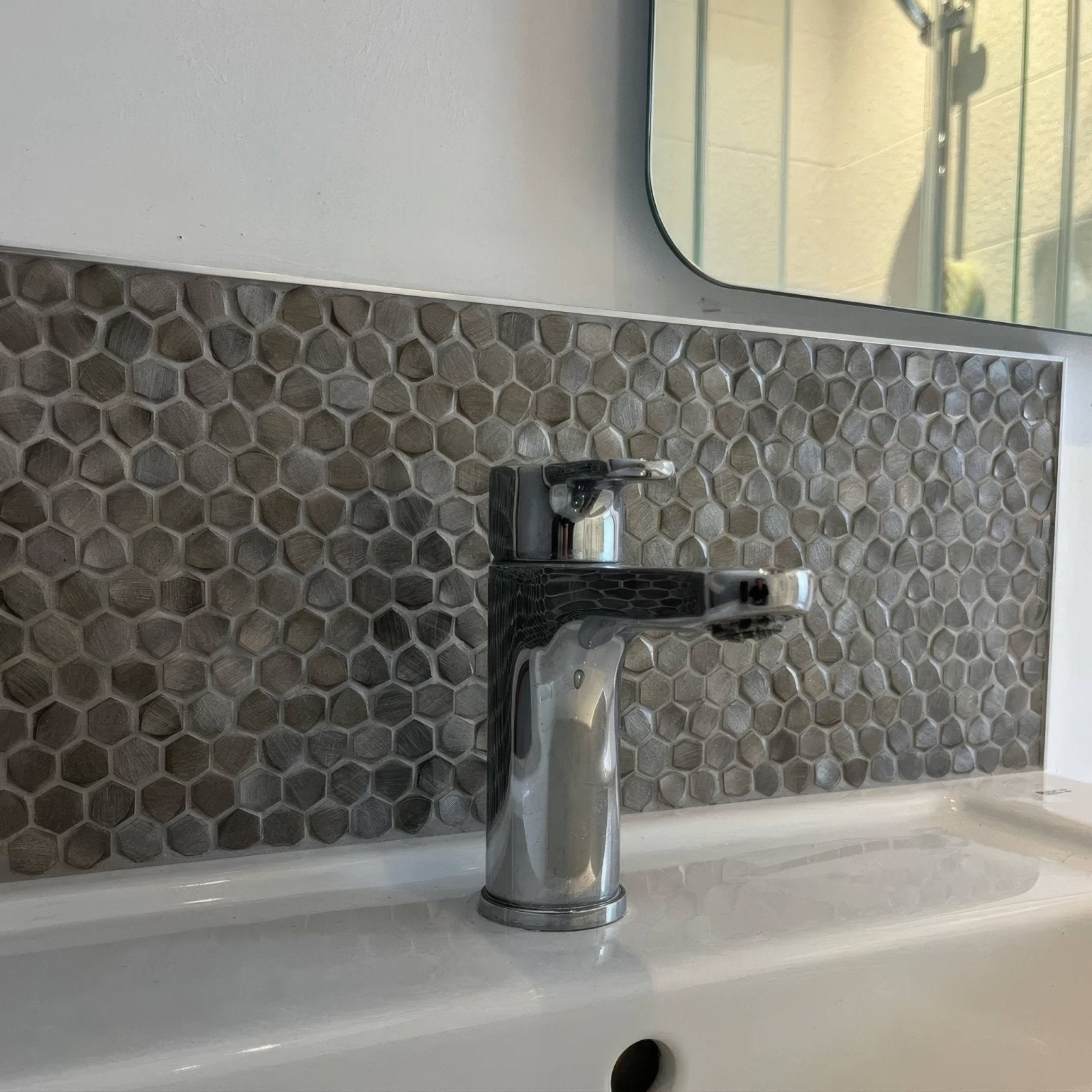 Gravity Aluminium Hexagon Metal Mosaic silver hexagon aluminium mosaic with a chrome bathroom tap