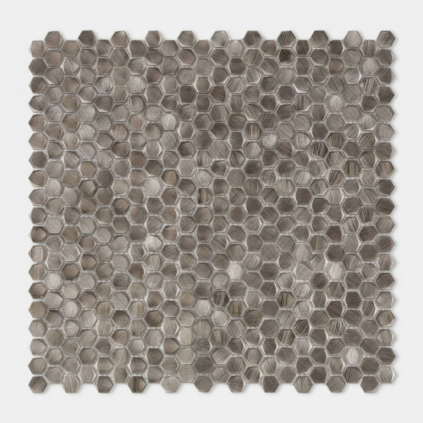 Silver hexagonal aluminium metal mosaic tile with a brushed metallic finish for modern wall and floor design