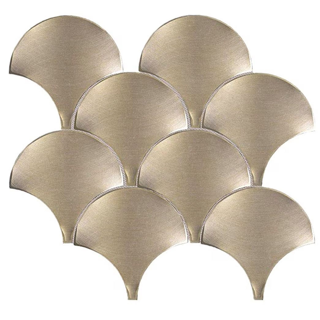 Brushed metallic gold fish-scale mosaic tile made of aluminium for elegant wall and surface decoration
