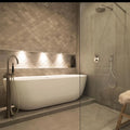 Gravity Aluminium Shell Gold Mosaic gold fish-scale aluminium mosaic with a white freestanding bathtub