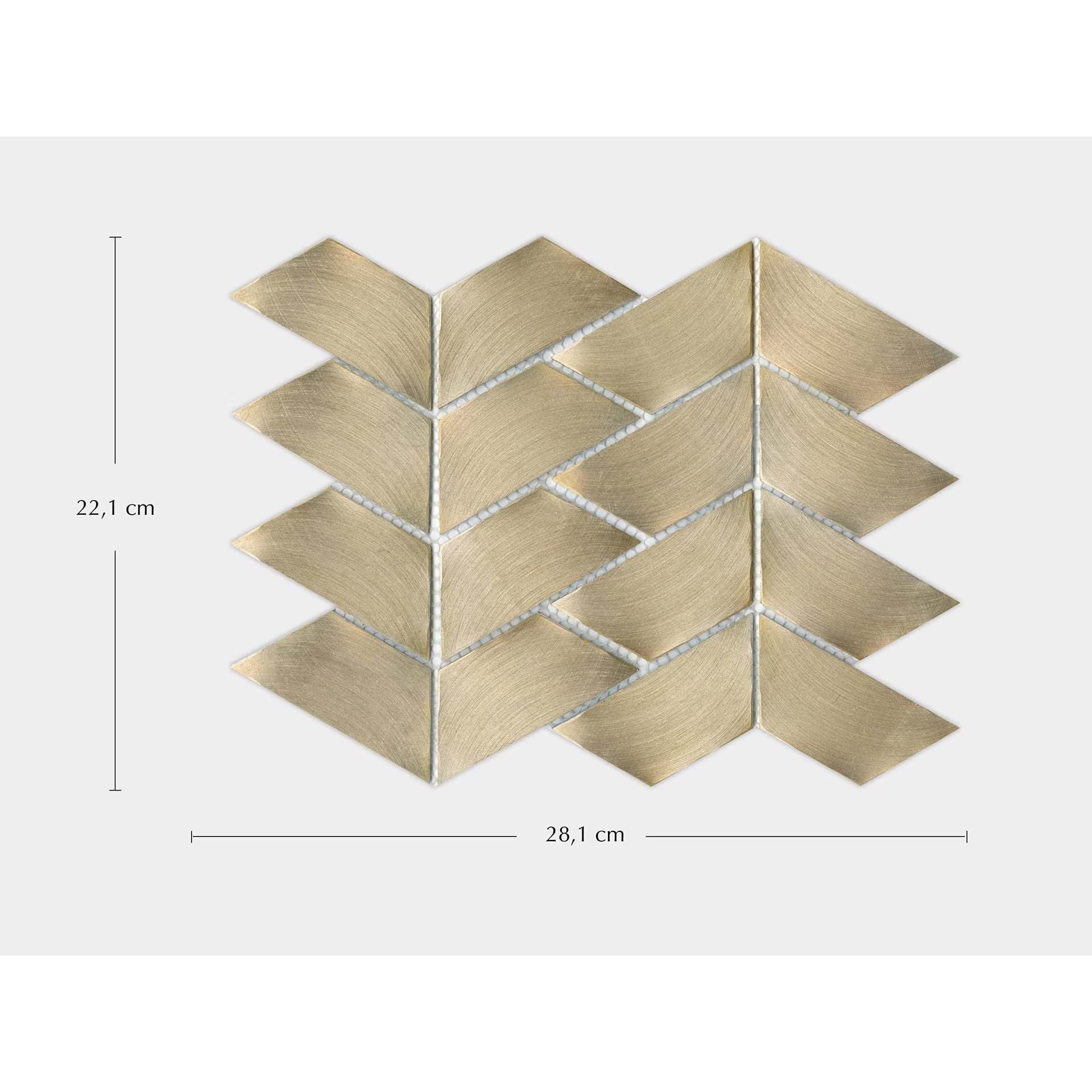A brushed gold metallic aluminium mosaic tile panel in herringbone pattern with subtle texture and silver grout lines
