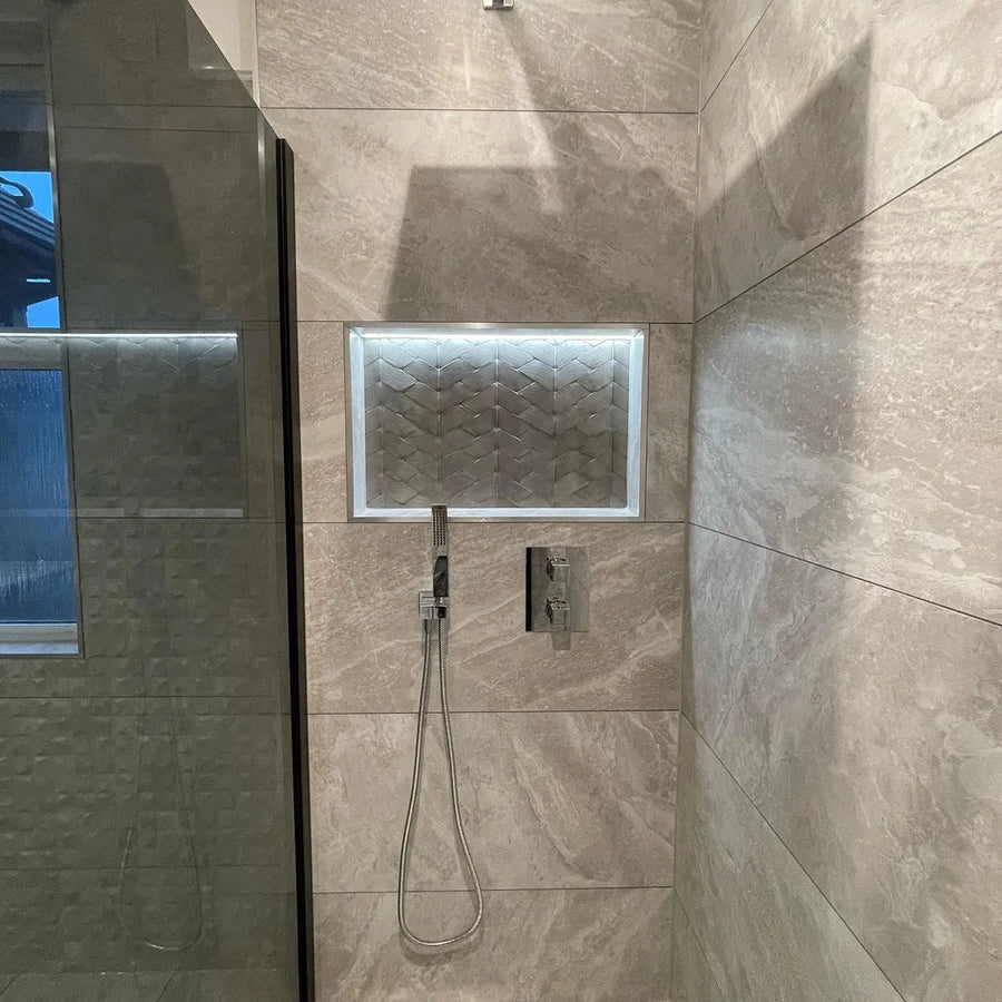 Gravity Aluminium Trace Metal Mosaic silver chevron aluminium mosaic with a chrome showerhead
