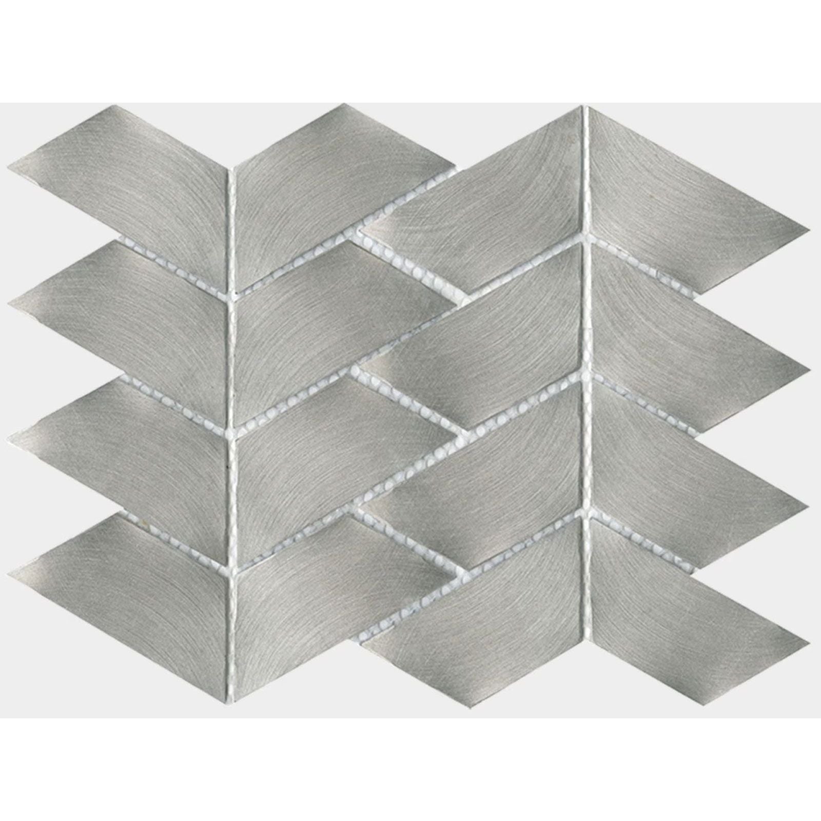 Silver metallic chevron-patterned aluminium trace metal mosaic tile with brushed finish and white grout lines