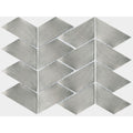 Silver metallic chevron-patterned aluminium trace metal mosaic tile with brushed finish and white grout lines