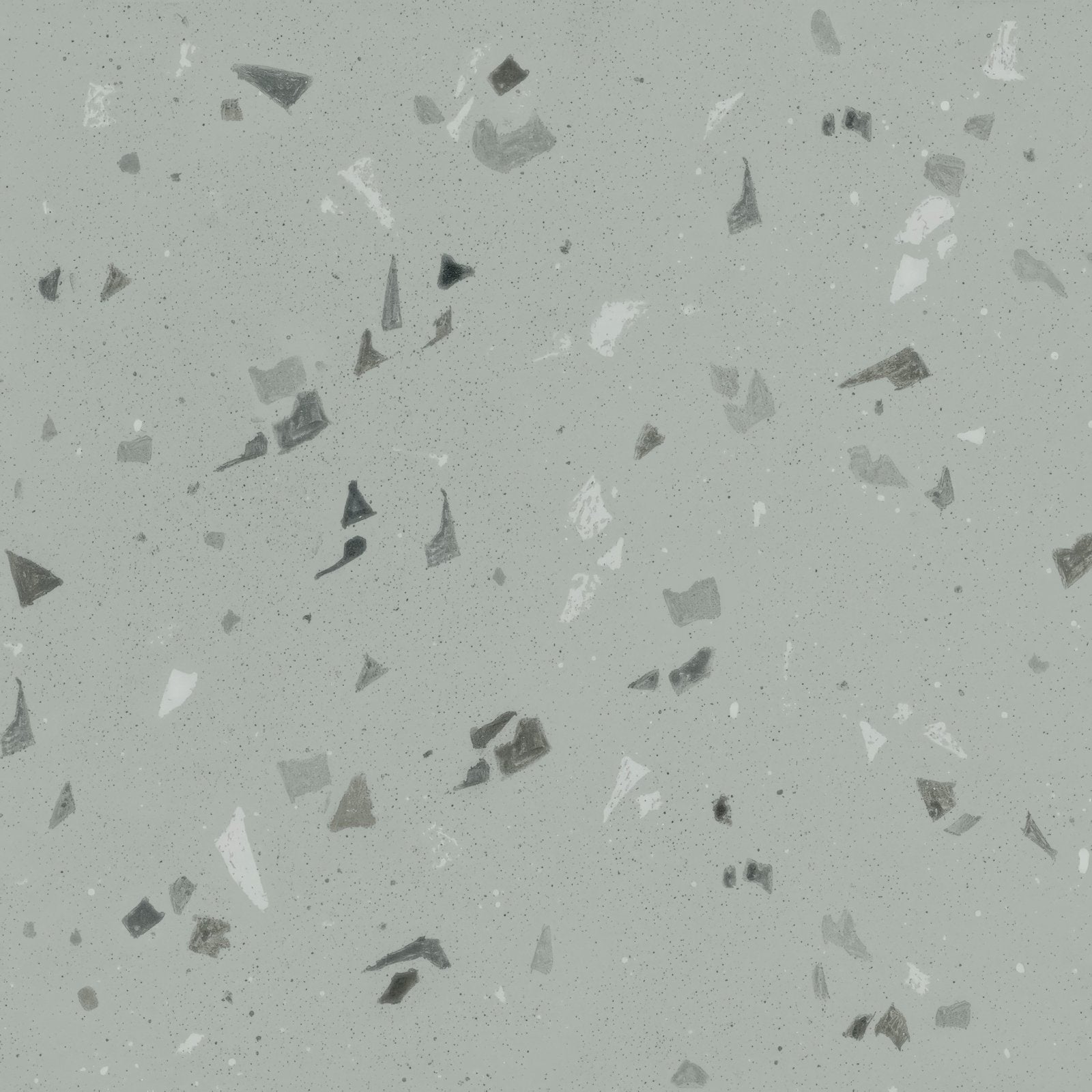 Gray fragment 20x20cm terrazzo tile with scattered white black and gray stone fragments on a gray surface