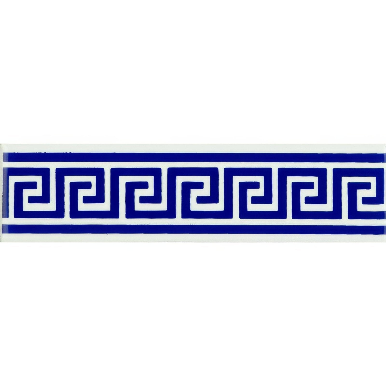 Blue and white greek key patterned ceramic tile border named greek key royal blue on brilliant white