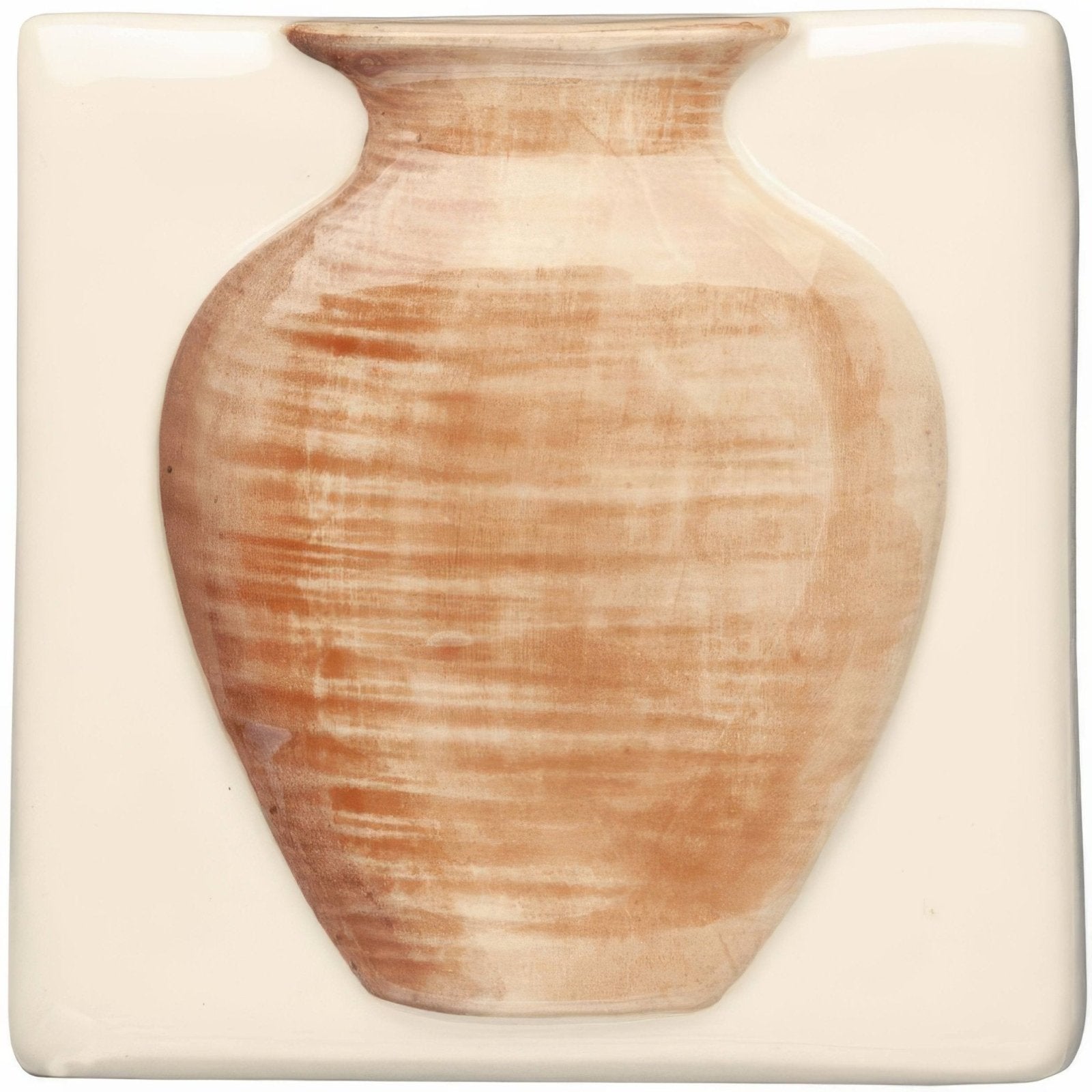 A beige ceramic tile titled greek vase on off white with a raised textured relief of an earth toned clay vase
