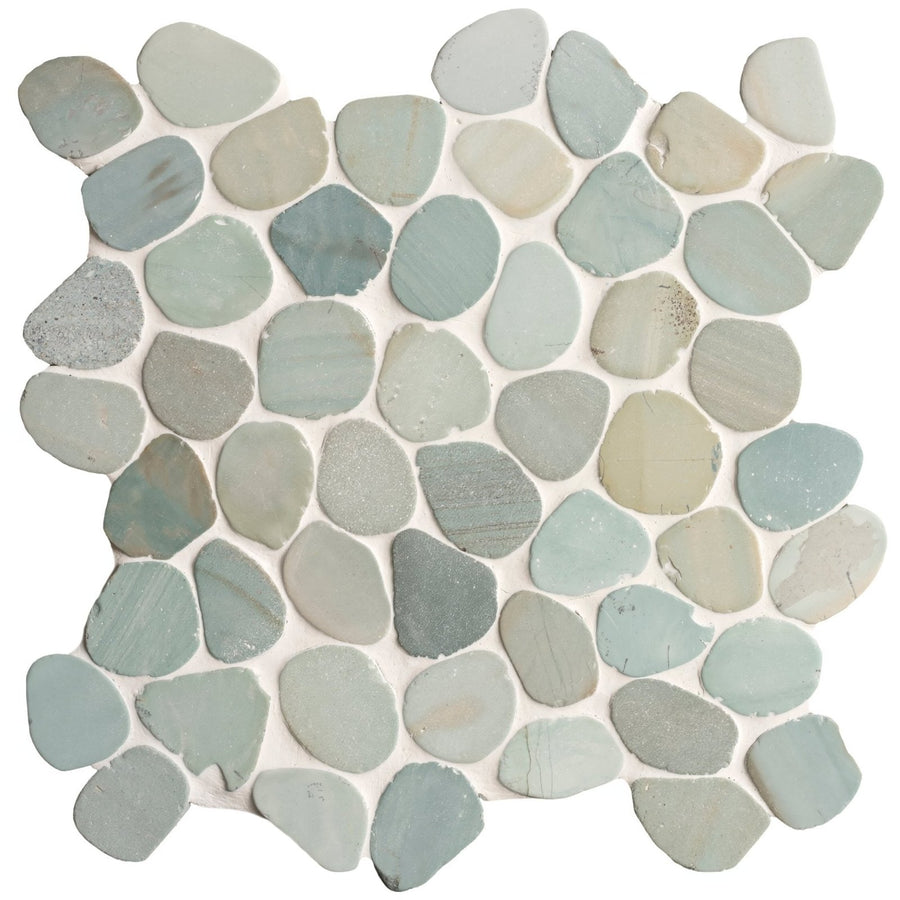 Green balihai pebble mosaics featuring smooth rounded pebble tiles in soft gray and muted blue shades