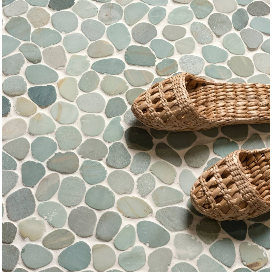 Green Balihai Pebble Mosaics grey and blue pebble mosaic with beige woven sandals