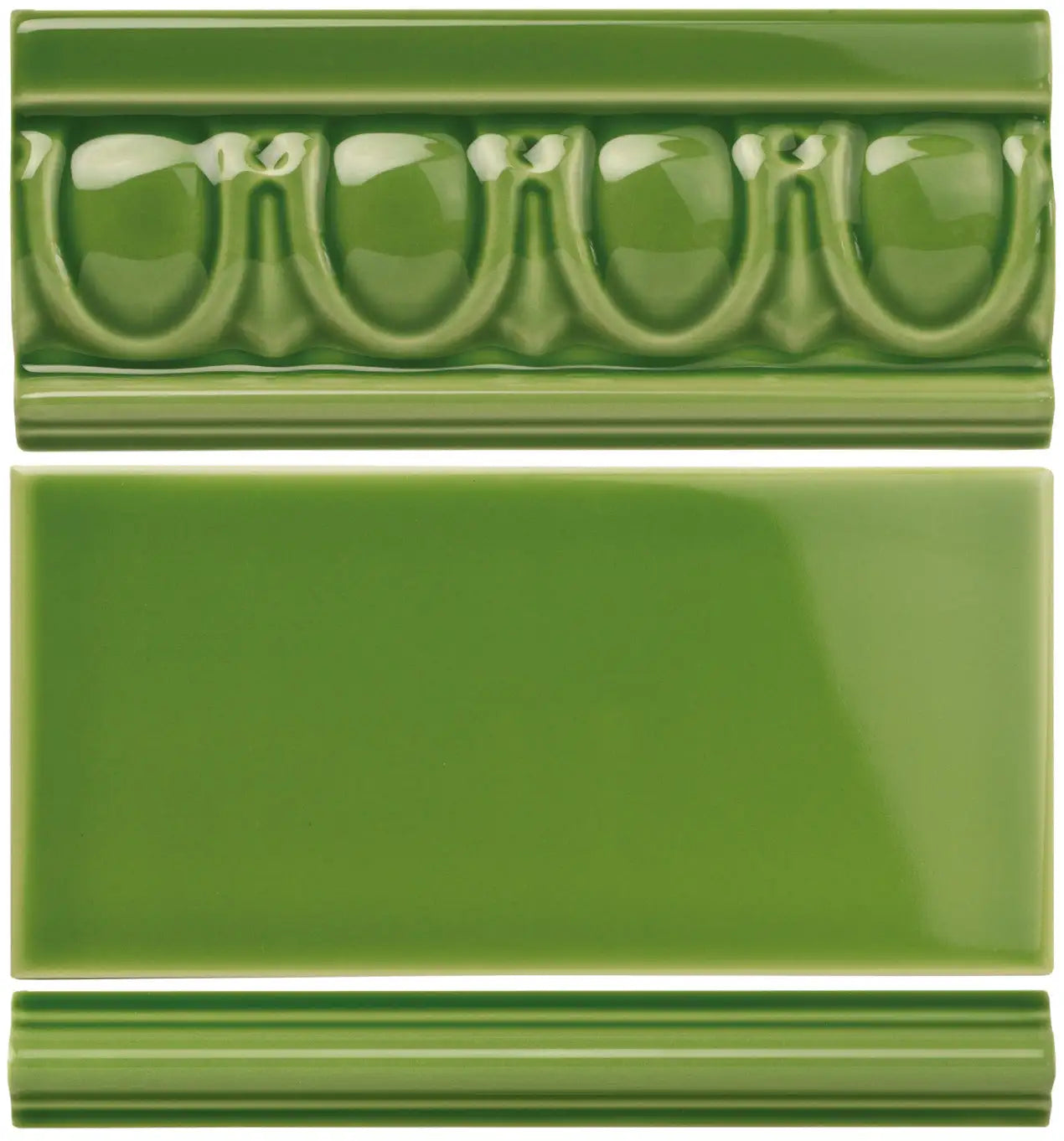 Green ceramic tile with a decorative, raised patterned border and a smooth, glossy finish.