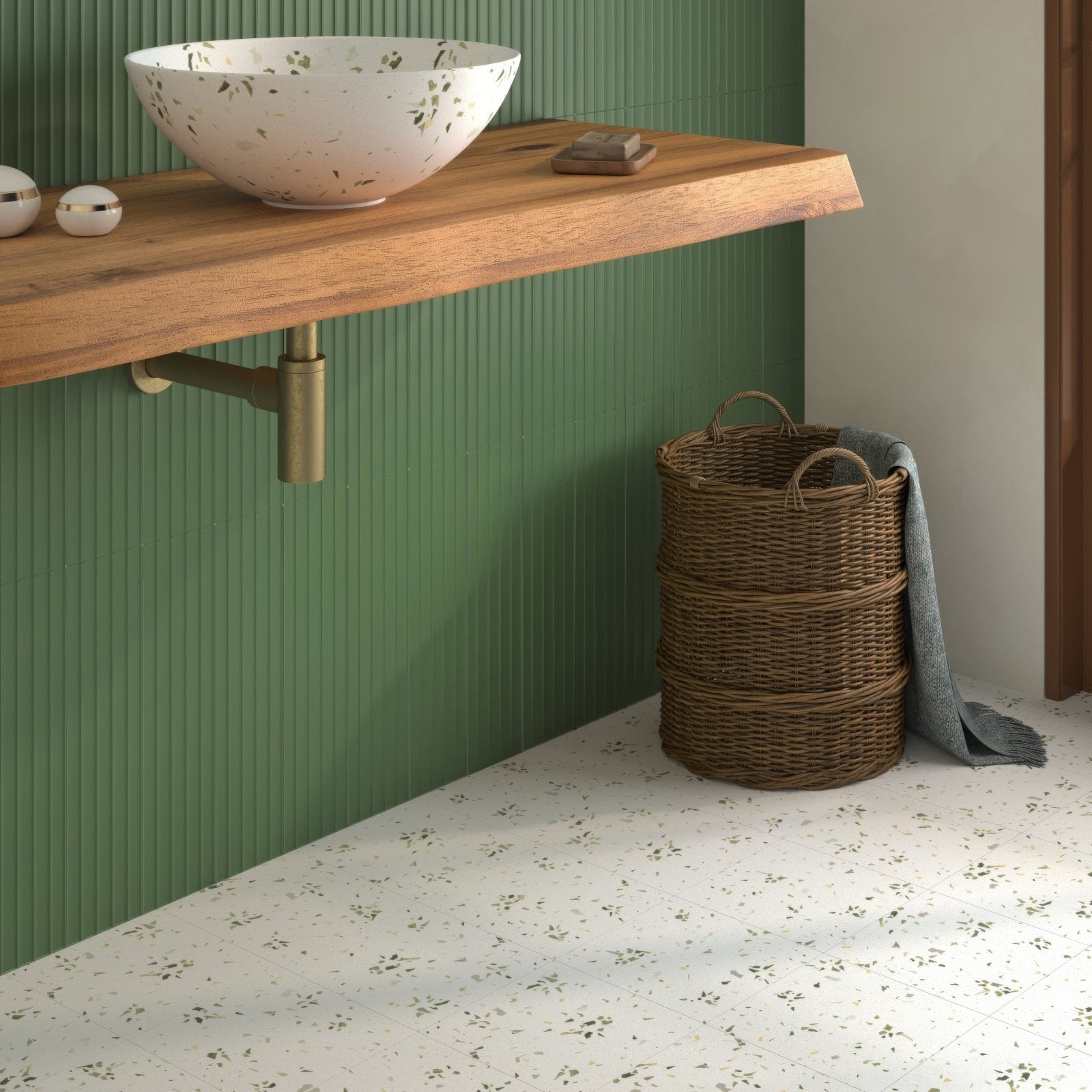 Green Fragment 20x20cm white terrazzo-effect tile with green flecks