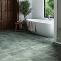 Green marble honed 30.5 x 30.5cm bathroom floor tiles with subtle veining pattern and marble-effect finish