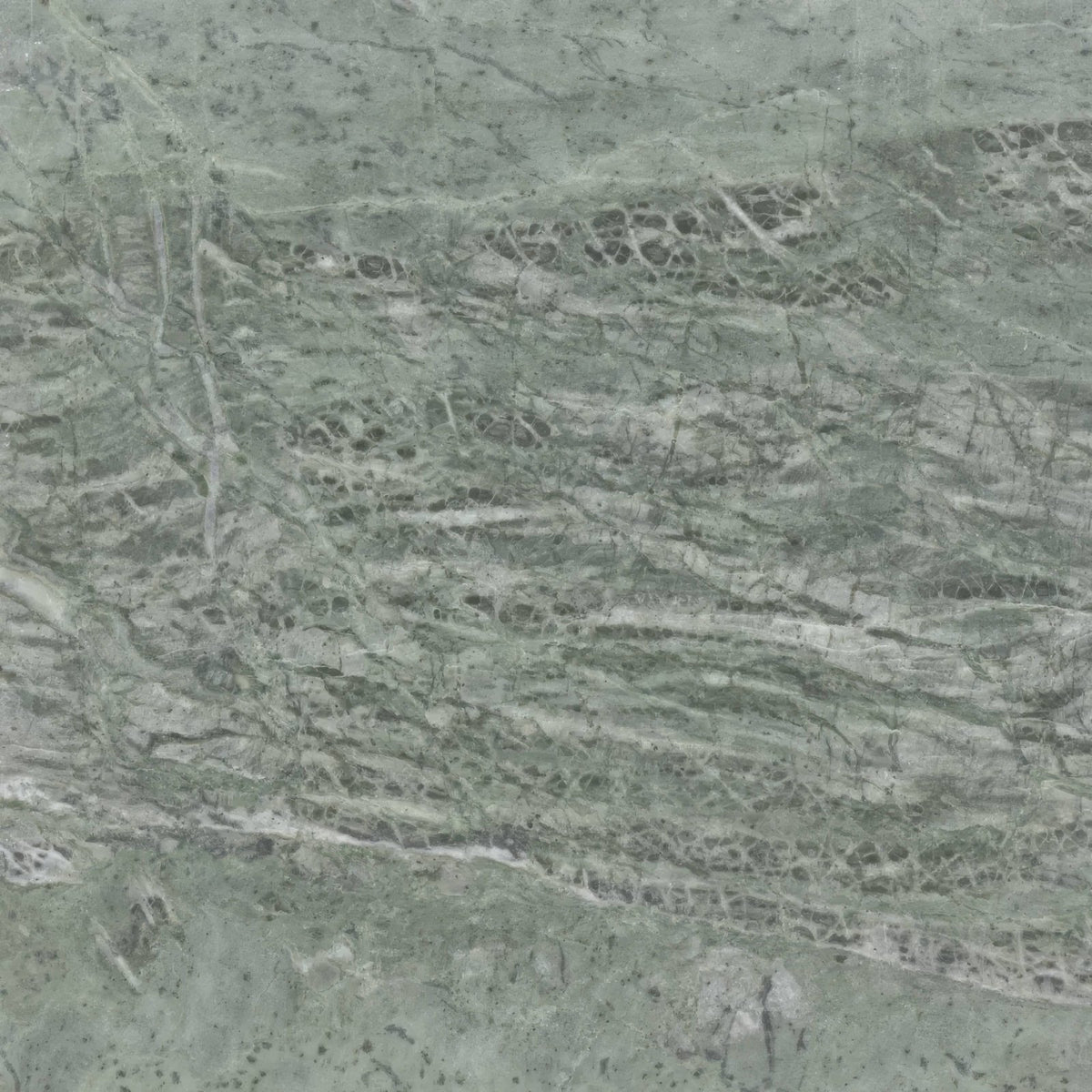 A polished green marble honed tile 30.5 x 30.5cm with intricate veining and subtle sheen