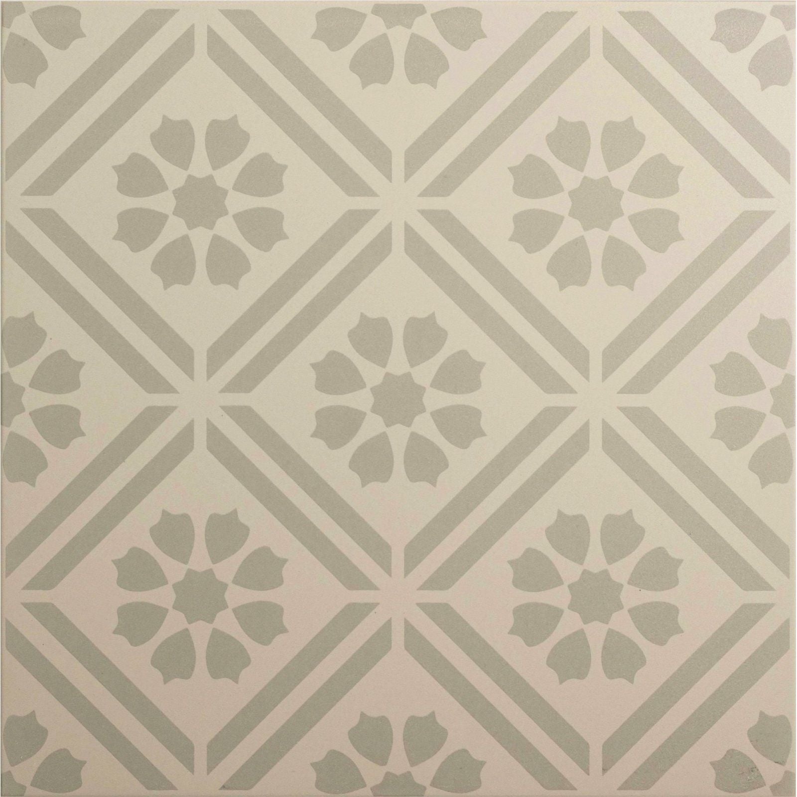 Beige ceramic tile greenway grey on chalk with repeating gray diamond shapes and floral motifs geometric pattern