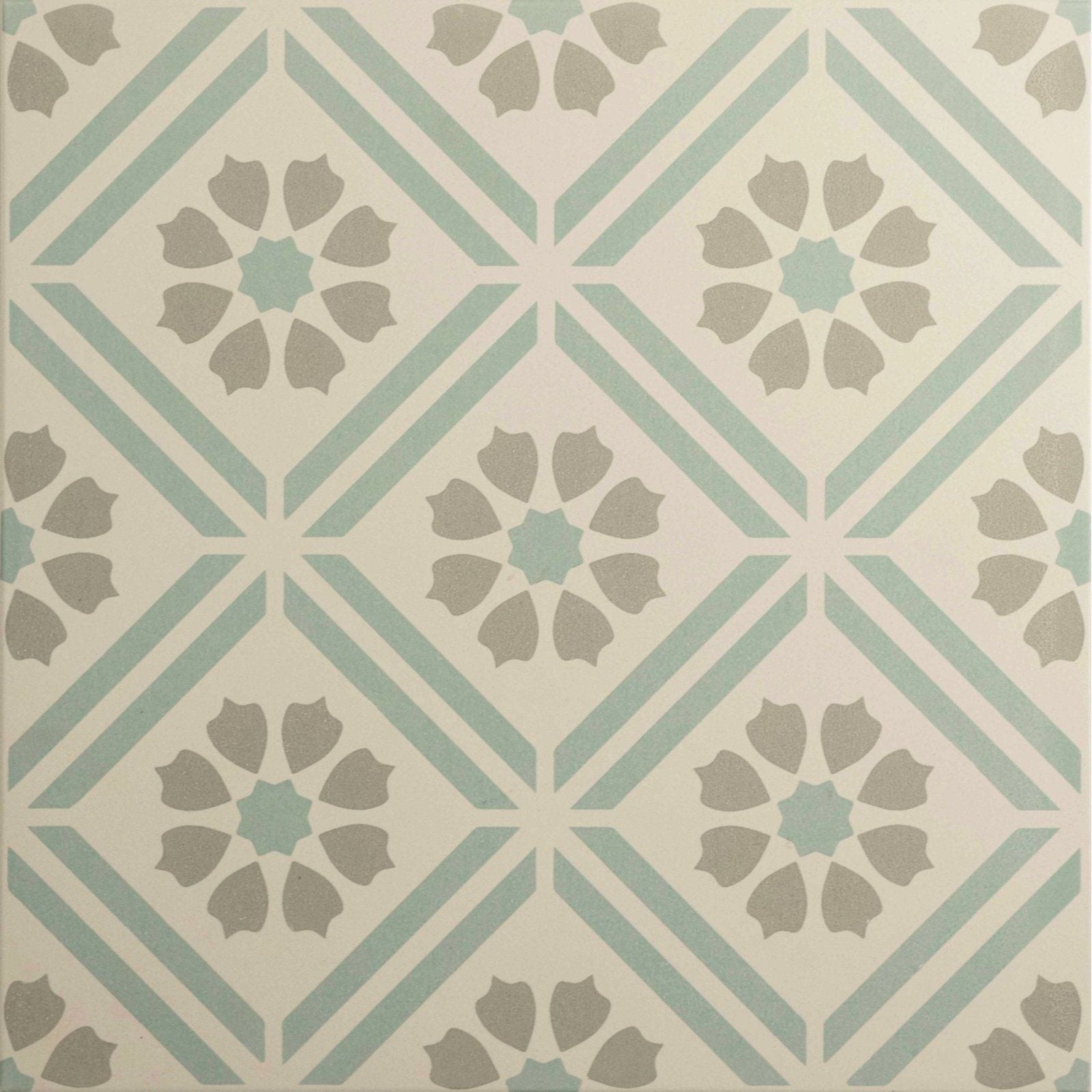 A greenway teal on chalk square tile with a repeating geometric pattern of light mint green and beige floral motifs