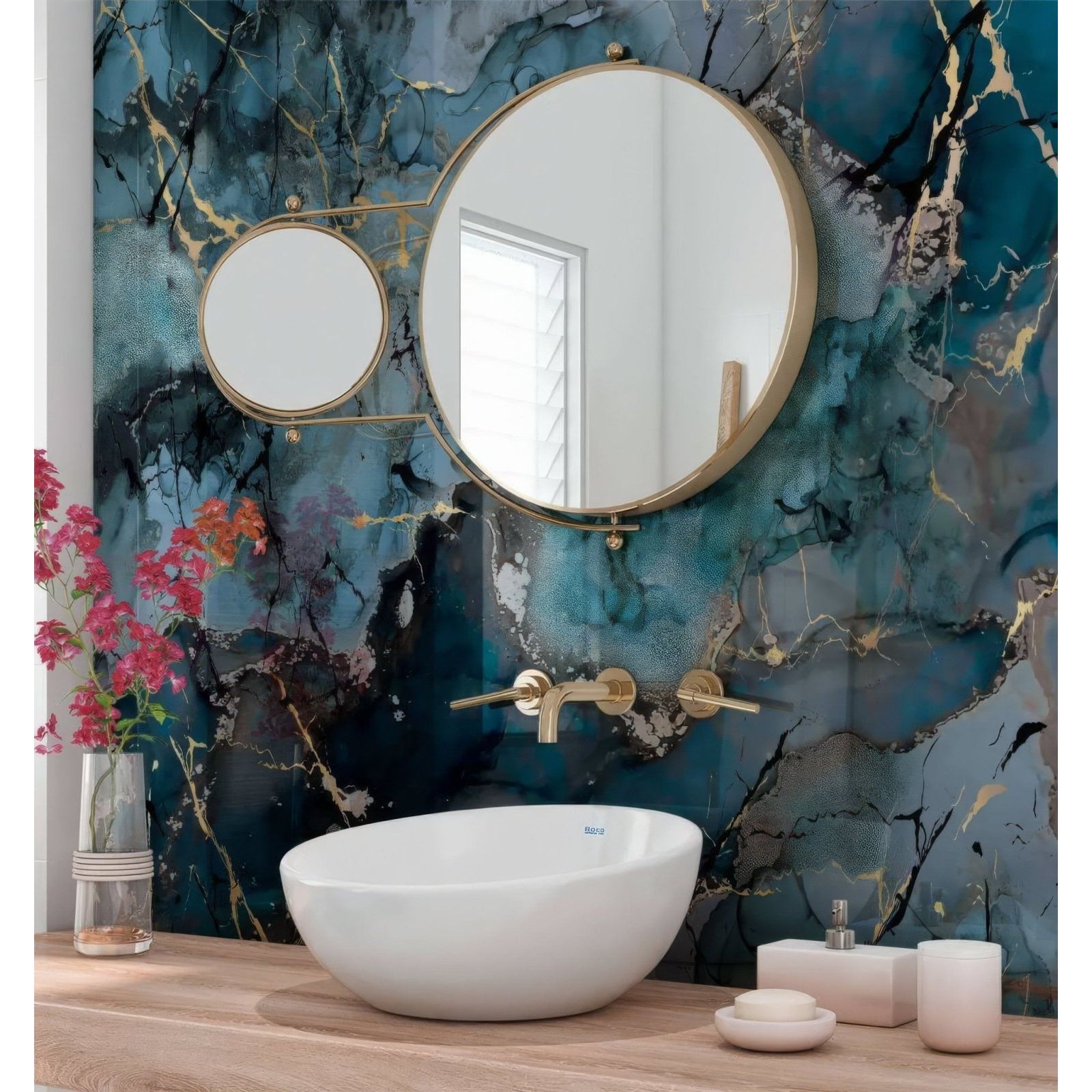 Grey Blue Gold Fluid Marble Shower Panel blue and gold marble-patterned panel with a vessel sink and round mirrors