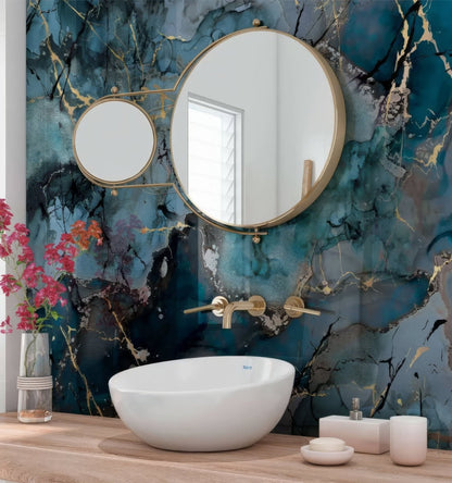 Grey Blue Gold Fluid Marble Shower Panel