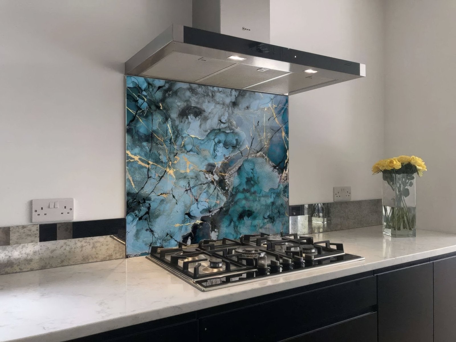 Grey Blue Gold Fluid Marble Shower Panel